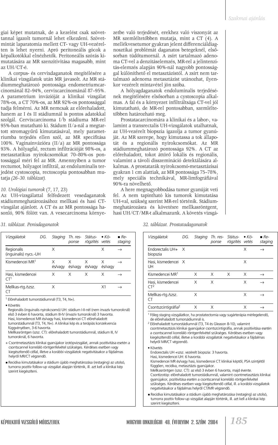 A corpus- és cervixdaganatok megítélésére a klinikai vizsgálatok után MR javasolt. Az MR stádiummeghatározó pontossága endometriumcarcinománál 82 94%, cervixcarcinománál 87 95%.