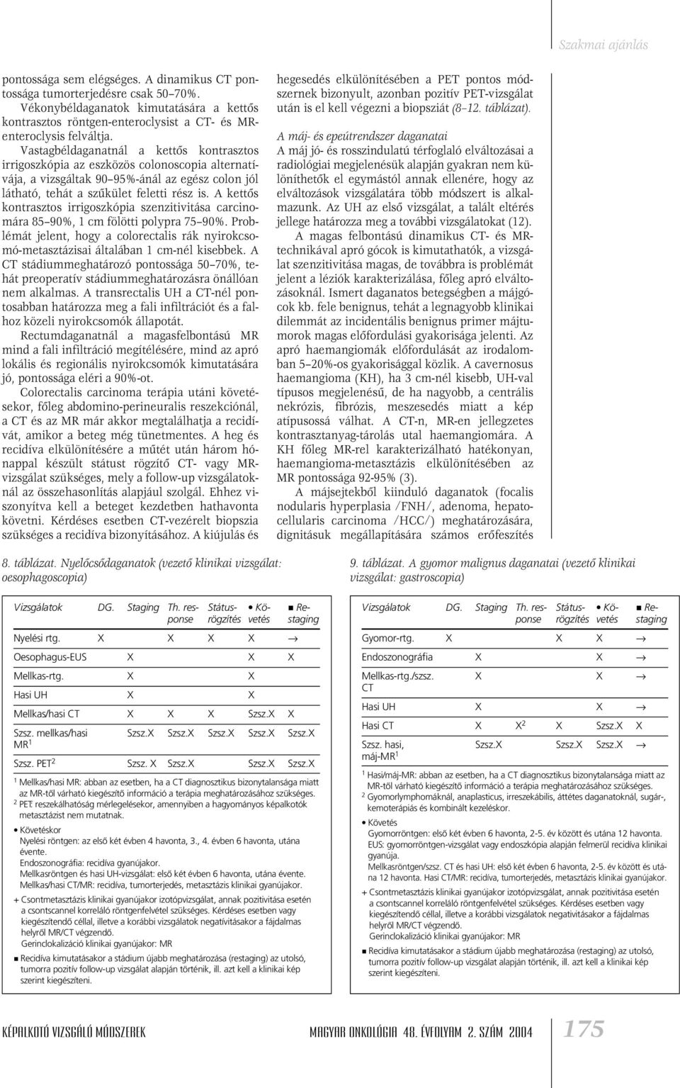 A kettôs kontrasztos irrigoszkópia szenzitivitása carcinomára 85 90%, 1 cm fölötti polypra 75 90%. Problémát jelent, hogy a colorectalis rák nyirokcsomó-metasztázisai általában 1 cm-nél kisebbek.