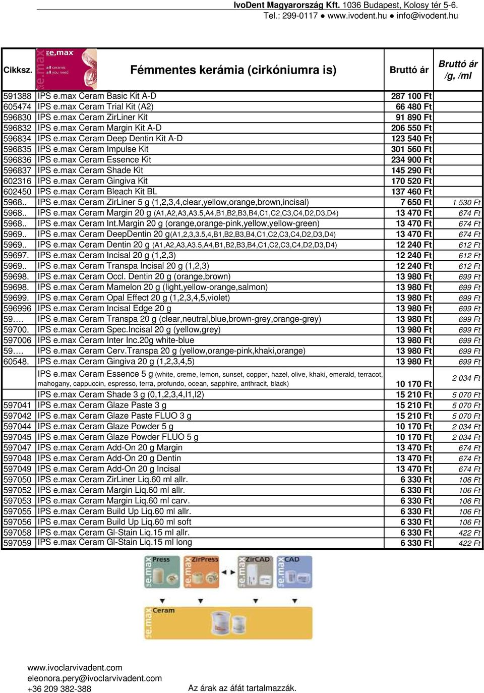 max Ceram Essence Kit 234 900 Ft 596837 IPS e.max Ceram Shade Kit 145 290 Ft 602316 IPS e.max Ceram Gingiva Kit 170 520 Ft 602450 IPS e.max Ceram Bleach Kit BL 137 460 Ft 5968.. IPS e.max Ceram ZirLiner 5 g (1,2,3,4,clear,yellow,orange,brown,incisal) 7 650 Ft 1 530 Ft 5968.