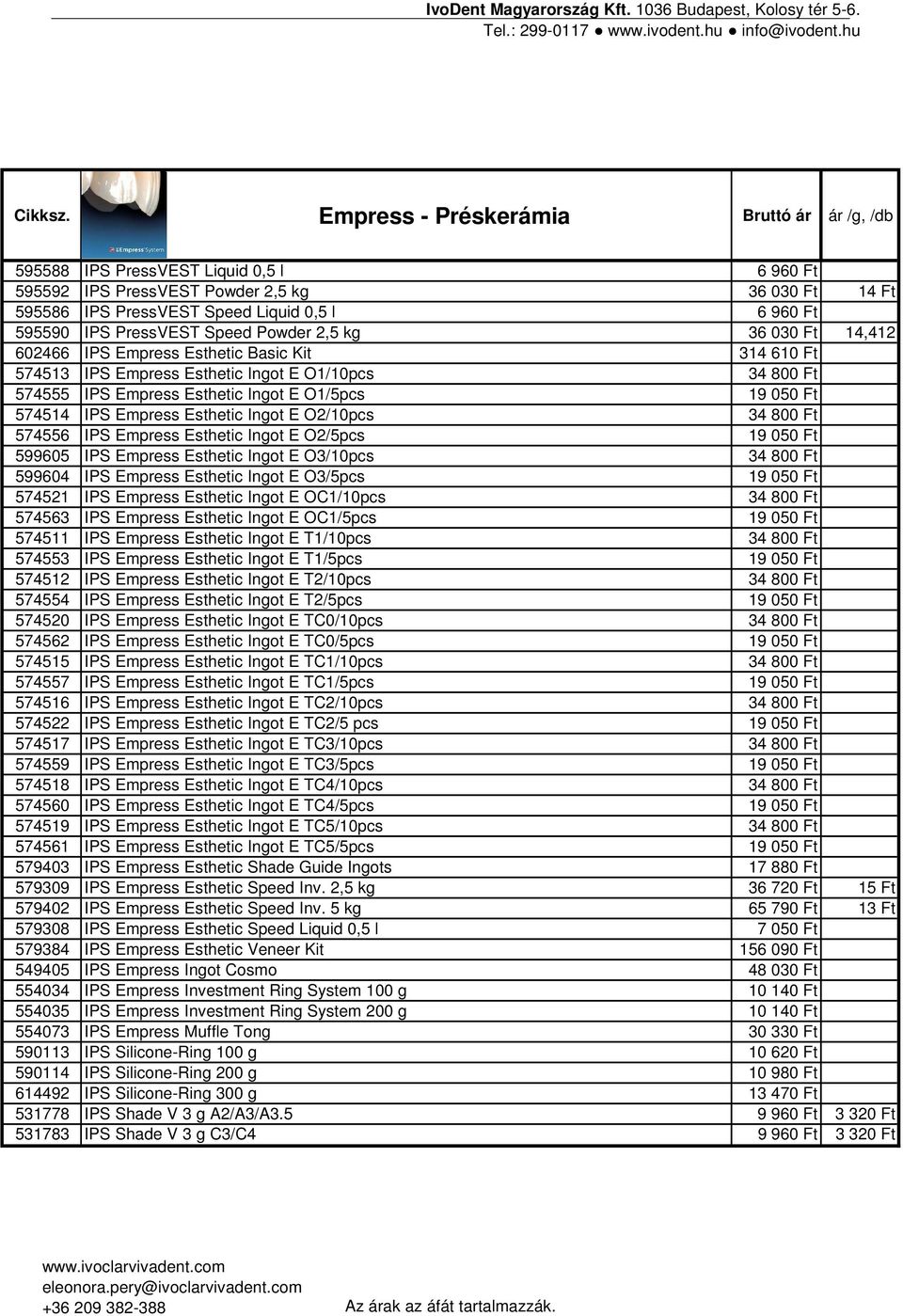 PressVEST Speed Powder 2,5 kg 36 030 Ft 14,412 602466 IPS Empress Esthetic Basic Kit 314 610 Ft 574513 IPS Empress Esthetic Ingot E O1/10pcs 34 800 Ft 574555 IPS Empress Esthetic Ingot E O1/5pcs 19