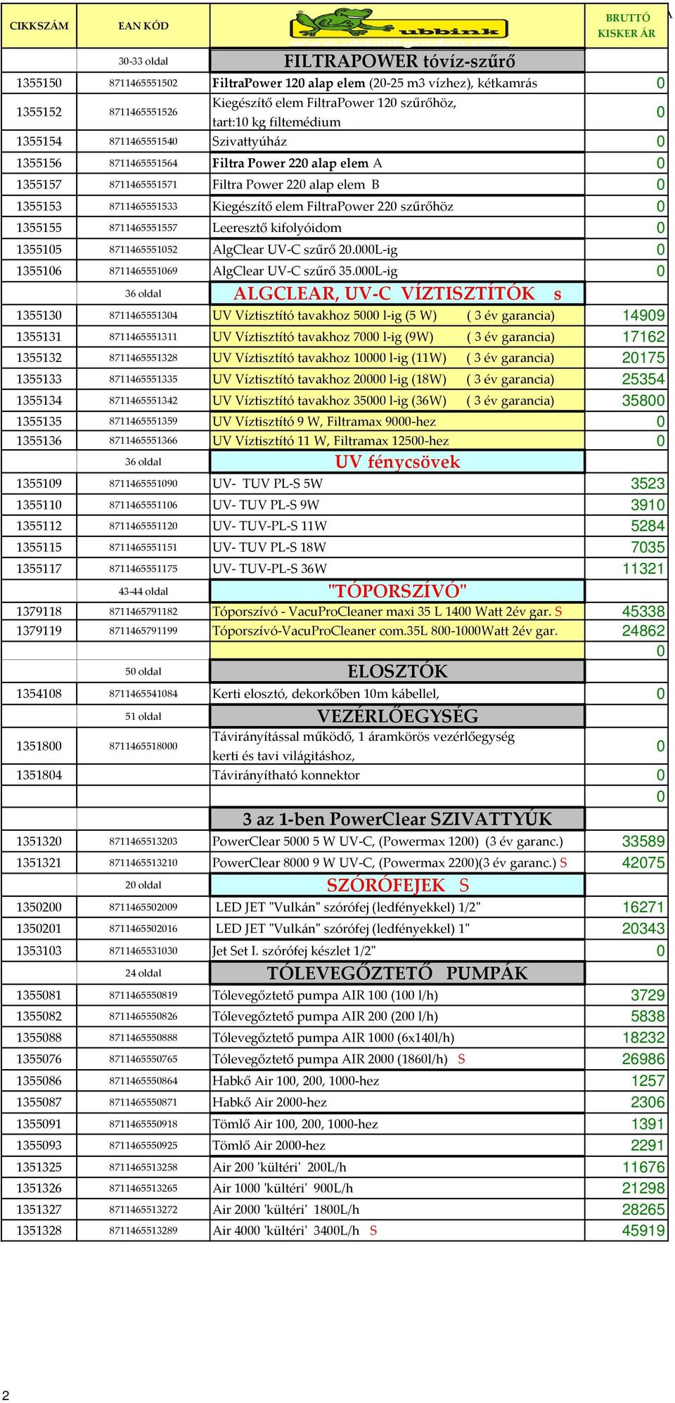 1355155 8711465551557 Leeresztő kifolyóidom 135515 871146555152 AlgClear UV-C szűrő 2.L-ig 135516 871146555169 AlgClear UV-C szűrő 35.