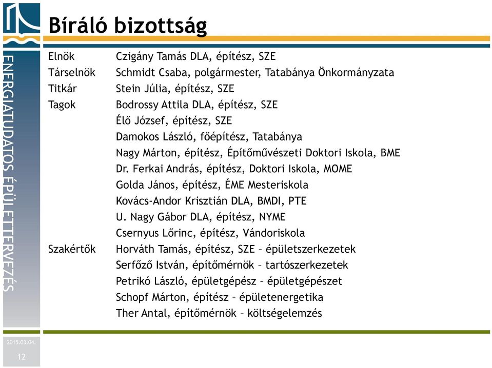 Ferkai András, építész, Doktori Iskola, MOME Golda János, építész, ÉME Mesteriskola Kovács-Andor Krisztián DLA, BMDI, PTE U.