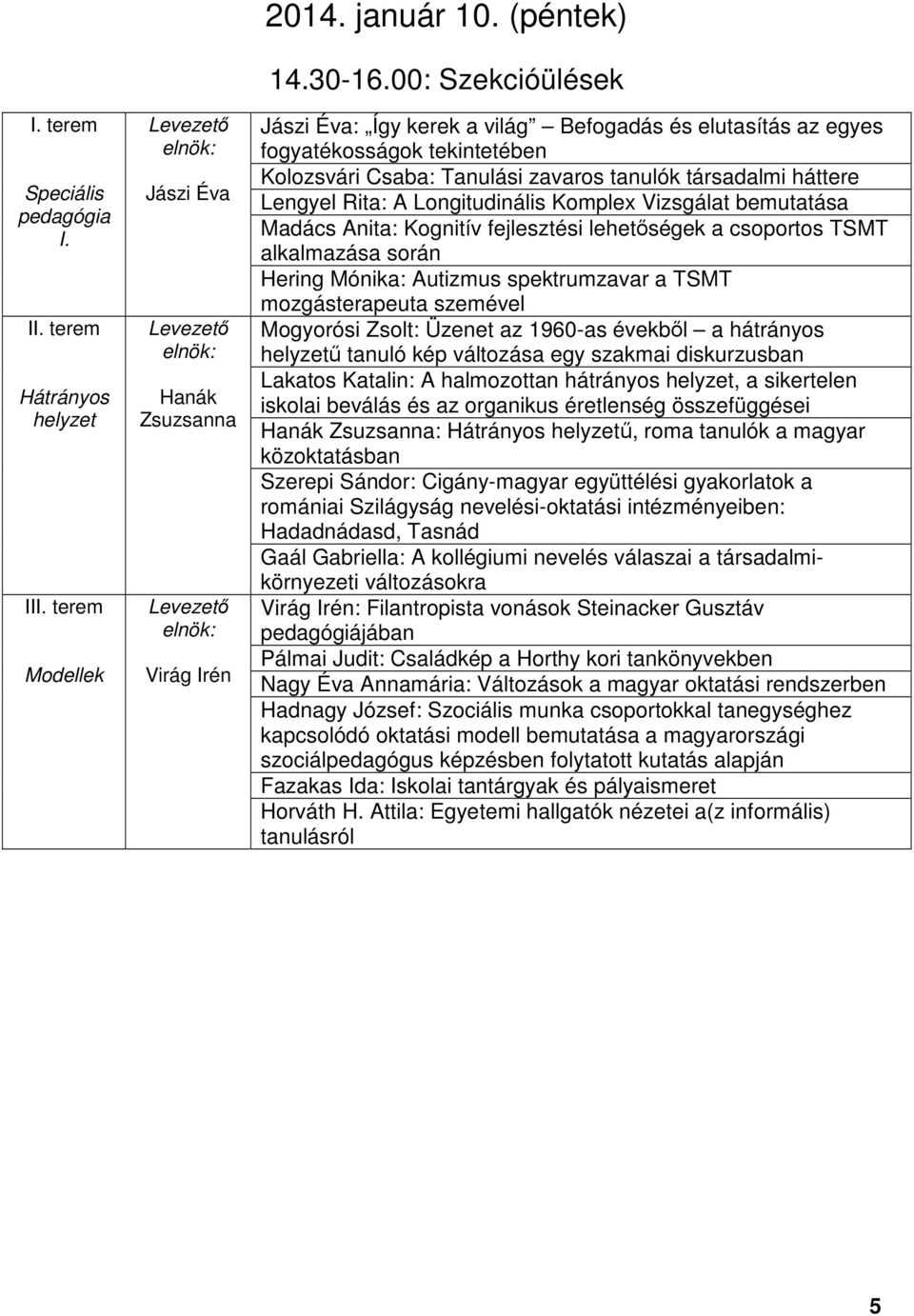 Longitudinális Komplex Vizsgálat bemutatása Madács Anita: Kognitív fejlesztési lehetőségek a csoportos TSMT alkalmazása során Hering Mónika: Autizmus spektrumzavar a TSMT mozgásterapeuta szemével