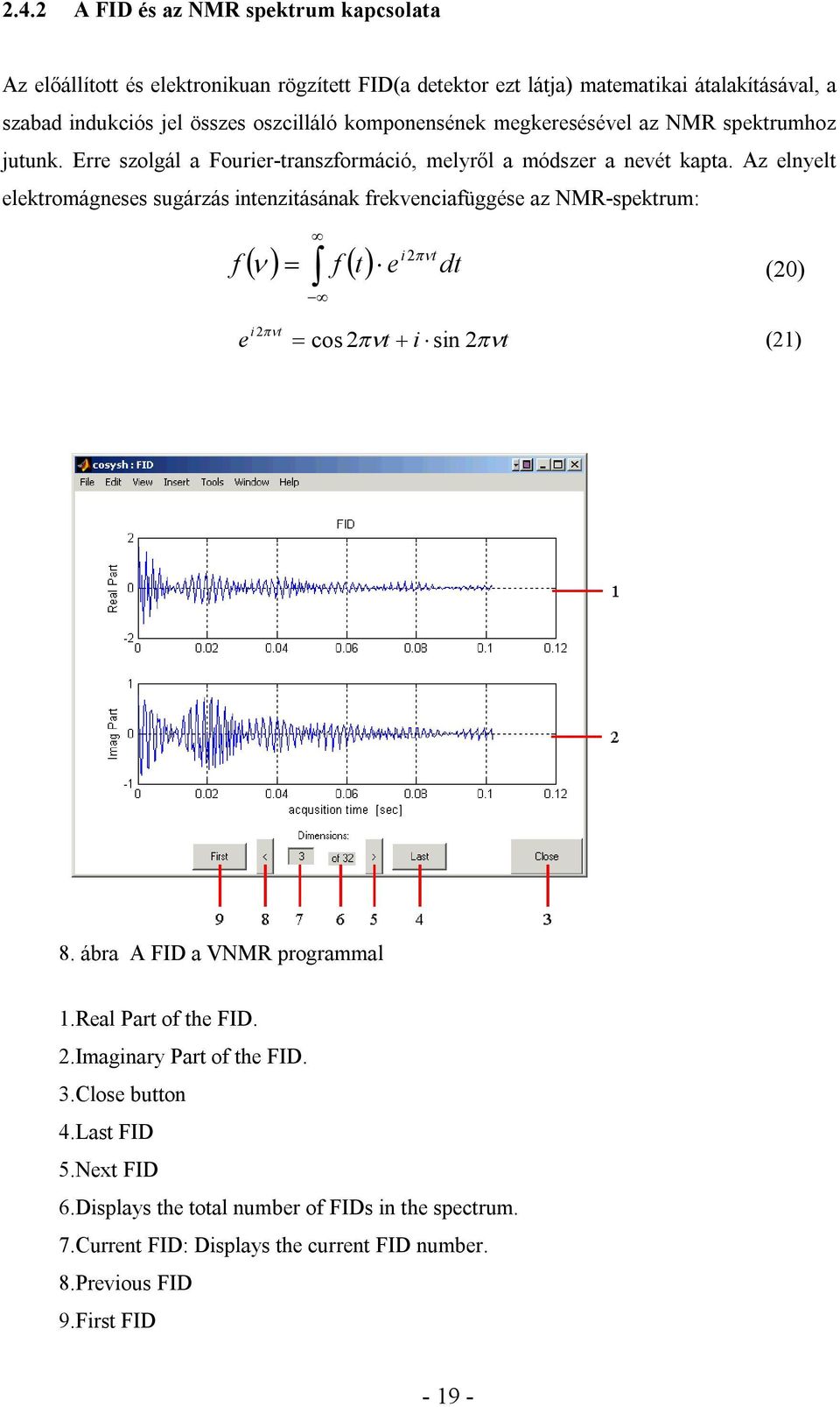 Az elnyelt elektromágneses sugárzás intenzitásának frekvenciafüggése az NMR-spektrum: f i2t f t e dt (20) e i 2t cos 2t i sin 2t (21) 8. ábra A FID a VNMR programmal 1.