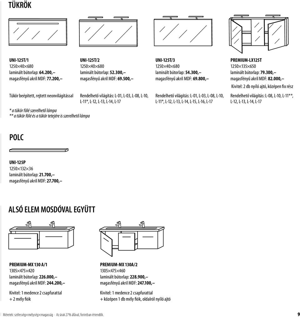 300, magasfényű akril MDF: 69.500, L-11*, L-12, L-13, L-14, L-17 UNI-125T/3 1250 40 680 laminált bútorlap: 54.300, magasfényű akril MDF: 69.800, L-11*, L-12, L-13, L-14, L-15, L-16, L-17 PREMIUM-LX125T 1250 135 650 laminált bútorlap: 79.