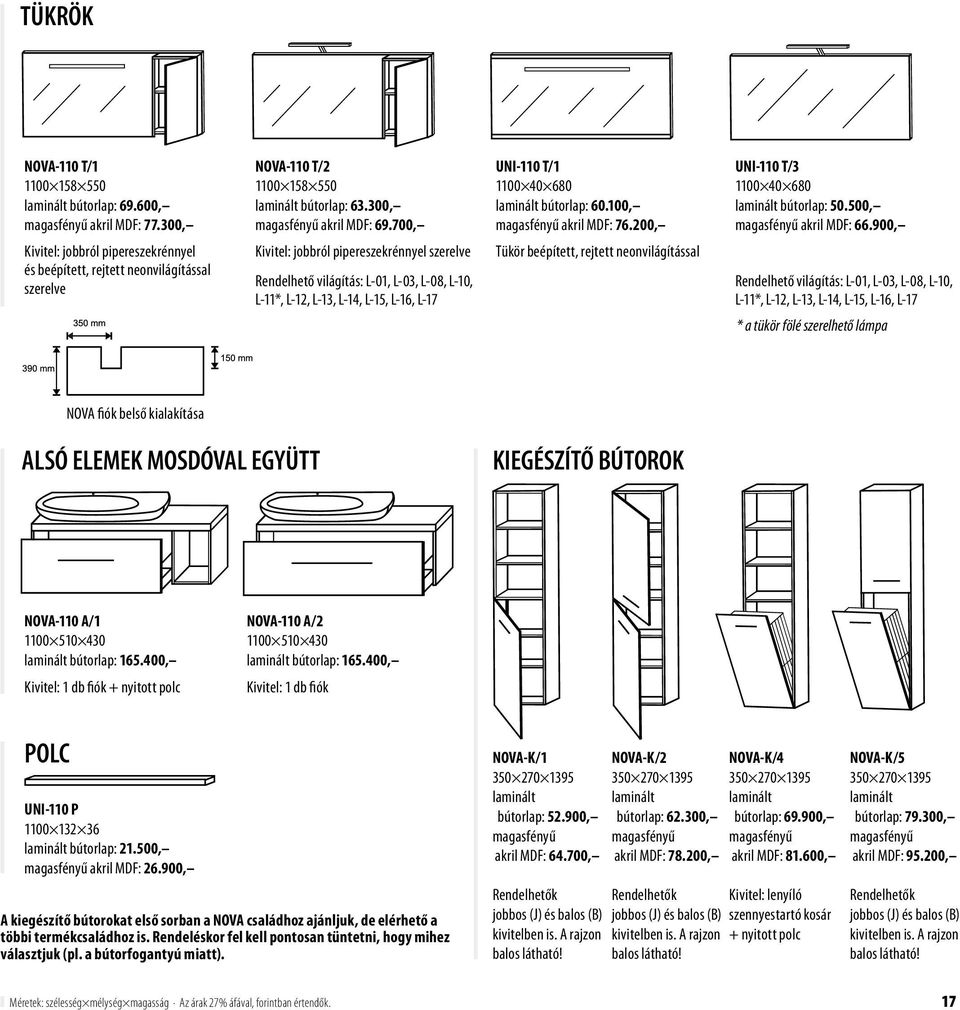 700, Kivitel: jobbról pipereszekrénnyel szerelve L-11*, L-12, L-13, L-14, L-15, L-16, L-17 UNI-110 T/1 1100 40 680 laminált bútorlap: 60.100, magasfényű akril MDF: 76.