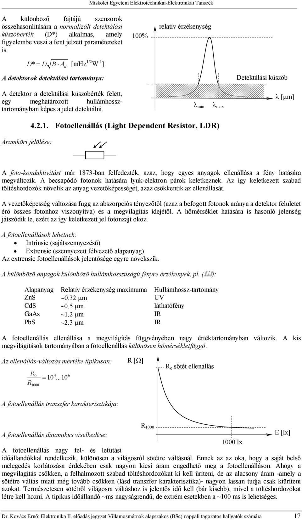 λ min λ max λ [µm] Áramköri jelölése: 4.2.1. Fooellenállás (Ligh Dependen esisor, LD) A foo-kondukivíás már 1873-ban felfedezék, azaz, hogy egyes anyagok ellenállása a fény haására megválozik.