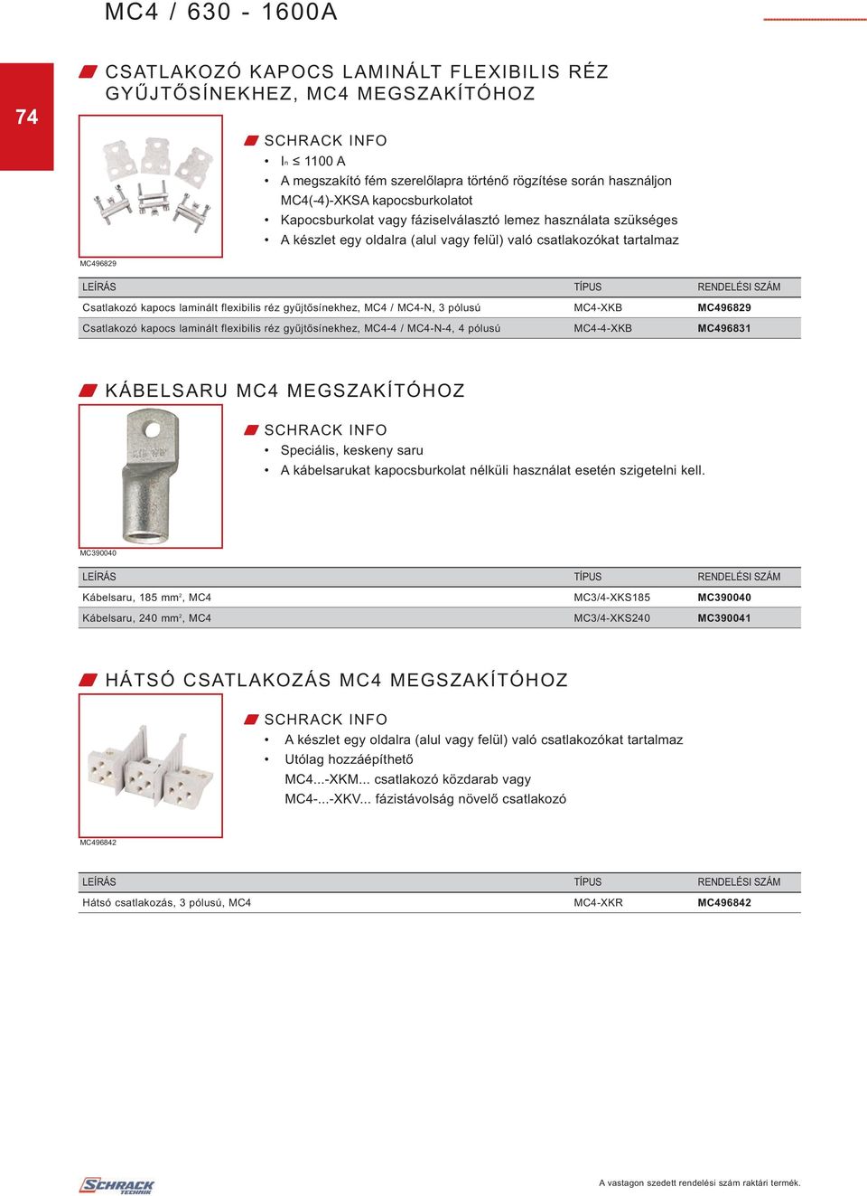 MC4 / MC4-N, 3 pólusú MC4-XKB MC496829 Csatlakozó kapocs laminált flexibilis réz gyűjtősínekhez, MC4-4 / MC4-N-4, 4 pólusú MC4-4-XKB MC496831 W KÁBELSARU MC4 MEGSZAKÍTÓHOZ Speciális, keskeny saru A