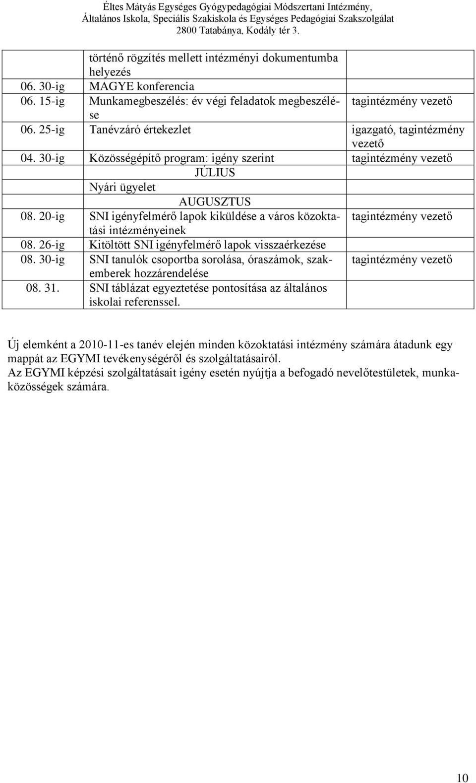 20-ig SNI igényfelmérő lapok kiküldése a város közoktatási intézményeinek 08. 26-ig Kitöltött SNI igényfelmérő lapok visszaérkezése 08.