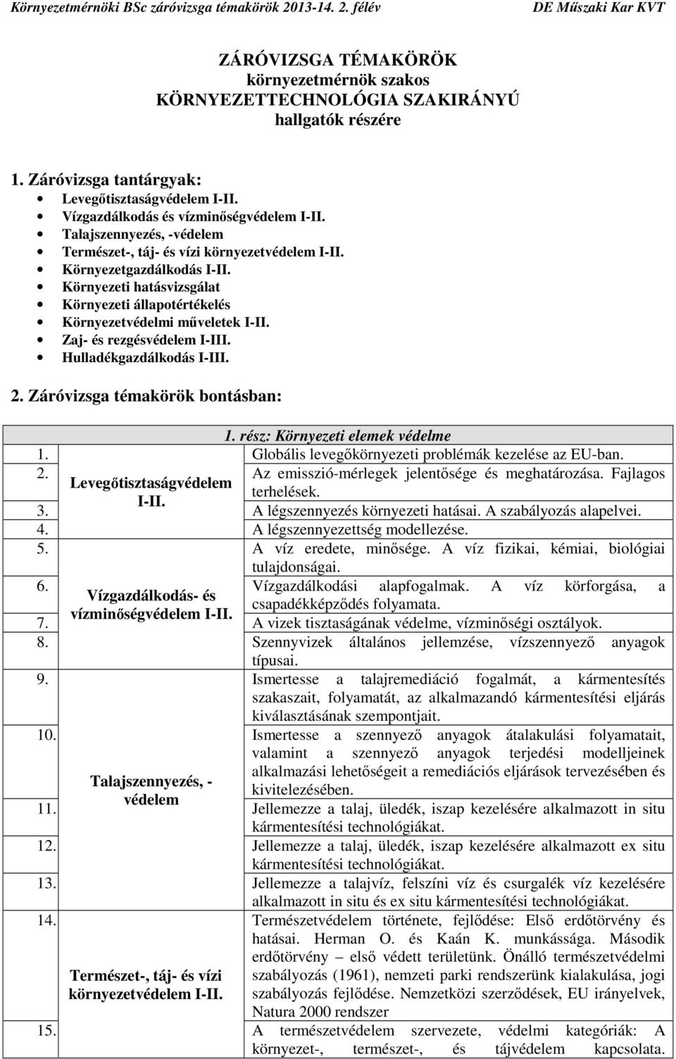 Környezeti állapotértékelés Környezetvédelmi műveletek Zaj- és rezgésvédelem I-III. Hulladékgazdálkodás I-III. 2. Záróvizsga témakörök bontásban: 1. rész: Környezeti elemek védelme 1.