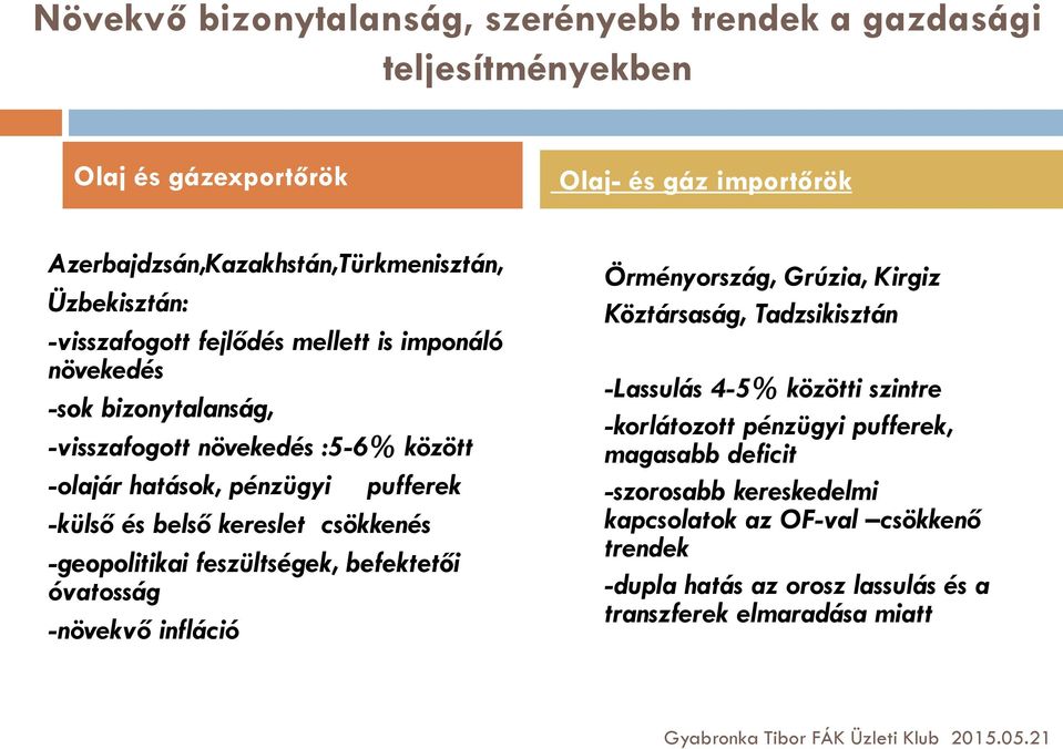 csökkenés -geopolitikai feszültségek, befektetői óvatosság -növekvő infláció Örményország, Grúzia, Kirgiz Köztársaság, Tadzsikisztán -Lassulás 4-5% közötti szintre