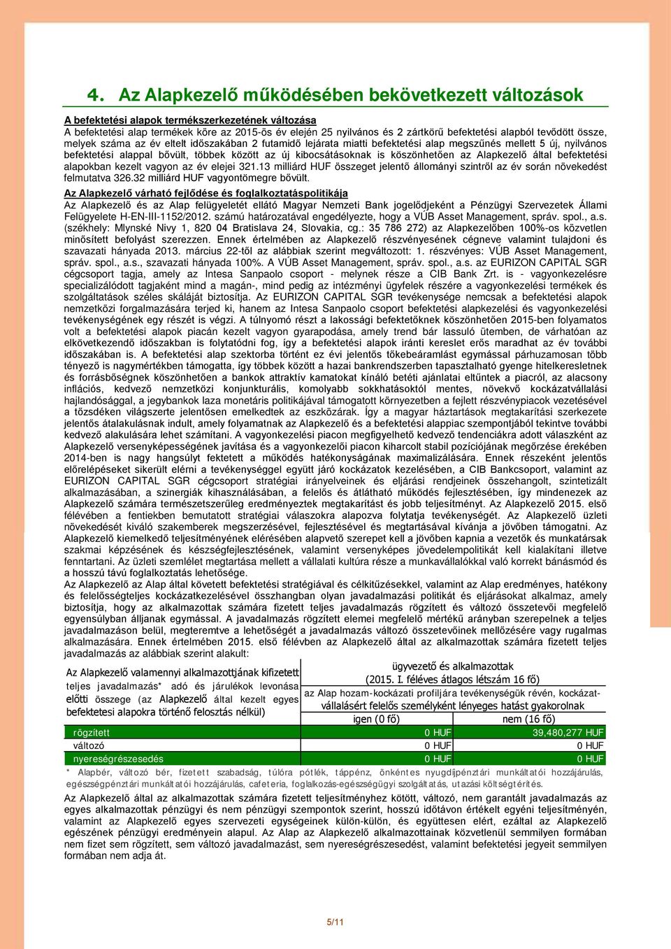 kibocsátásoknak is köszönhetően az kezelő által befektetési alapokban kezelt vagyon az év elejei 321.13 milliárd HUF összeget jelentő állományi szintről az év során növekedést felmutatva 326.