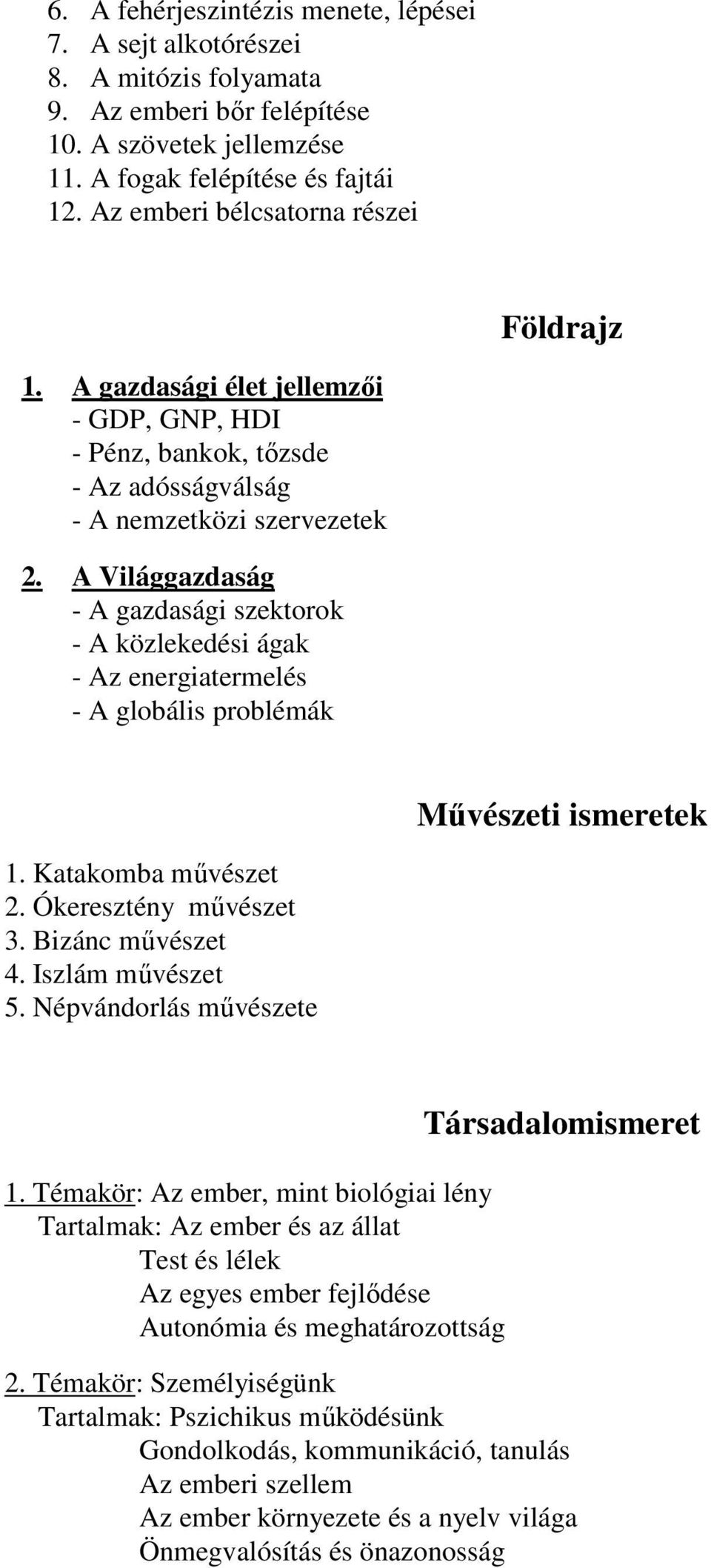 A Világgazdaság - A gazdasági szektorok - A közlekedési ágak - Az energiatermelés - A globális problémák Művészeti ismeretek 1. Katakomba művészet 2. Ókeresztény művészet 3. Bizánc művészet 4.