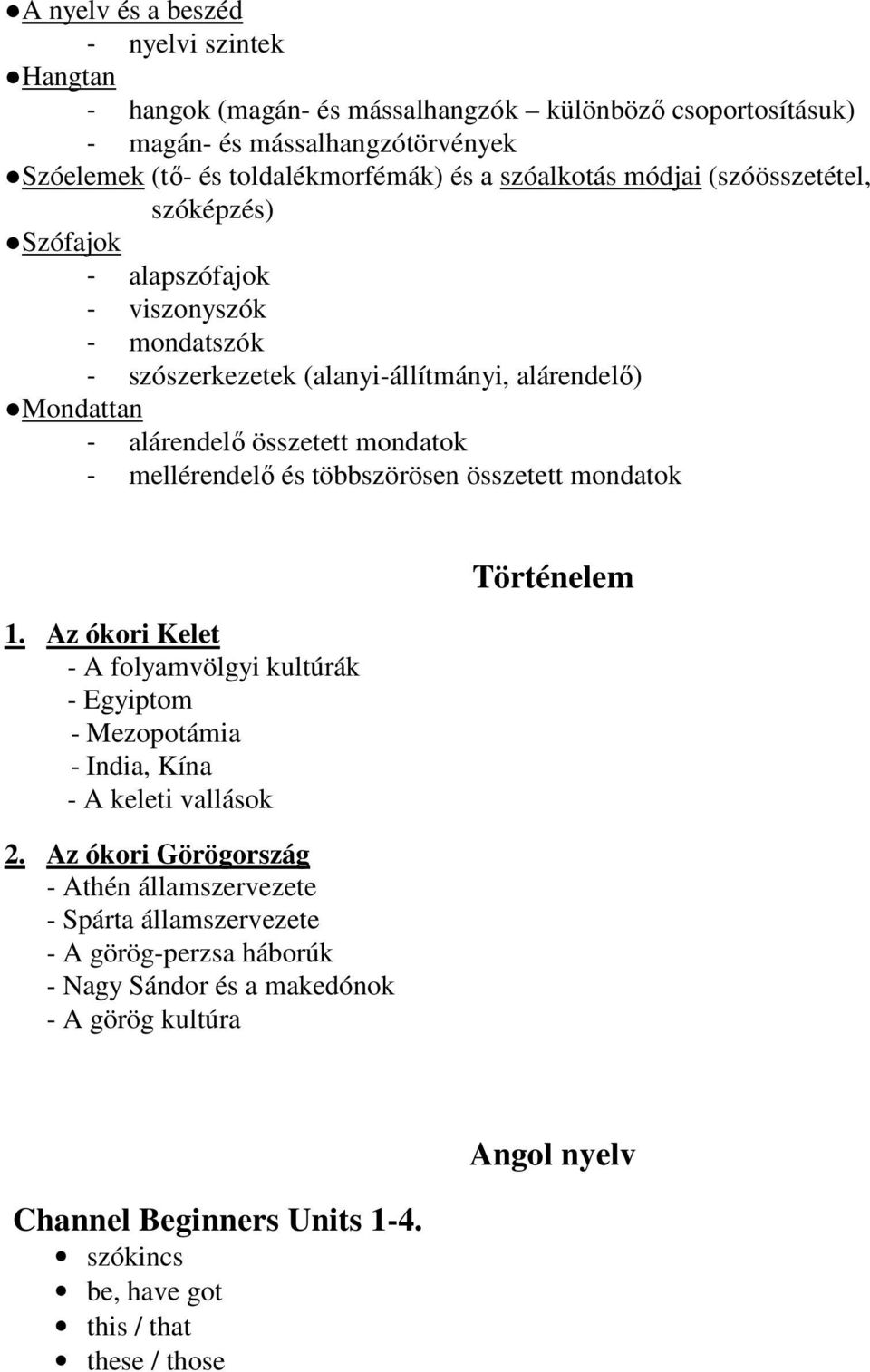 és többszörösen összetett mondatok 1. Az ókori Kelet - A folyamvölgyi kultúrák - Egyiptom - Mezopotámia - India, Kína - A keleti vallások 2.