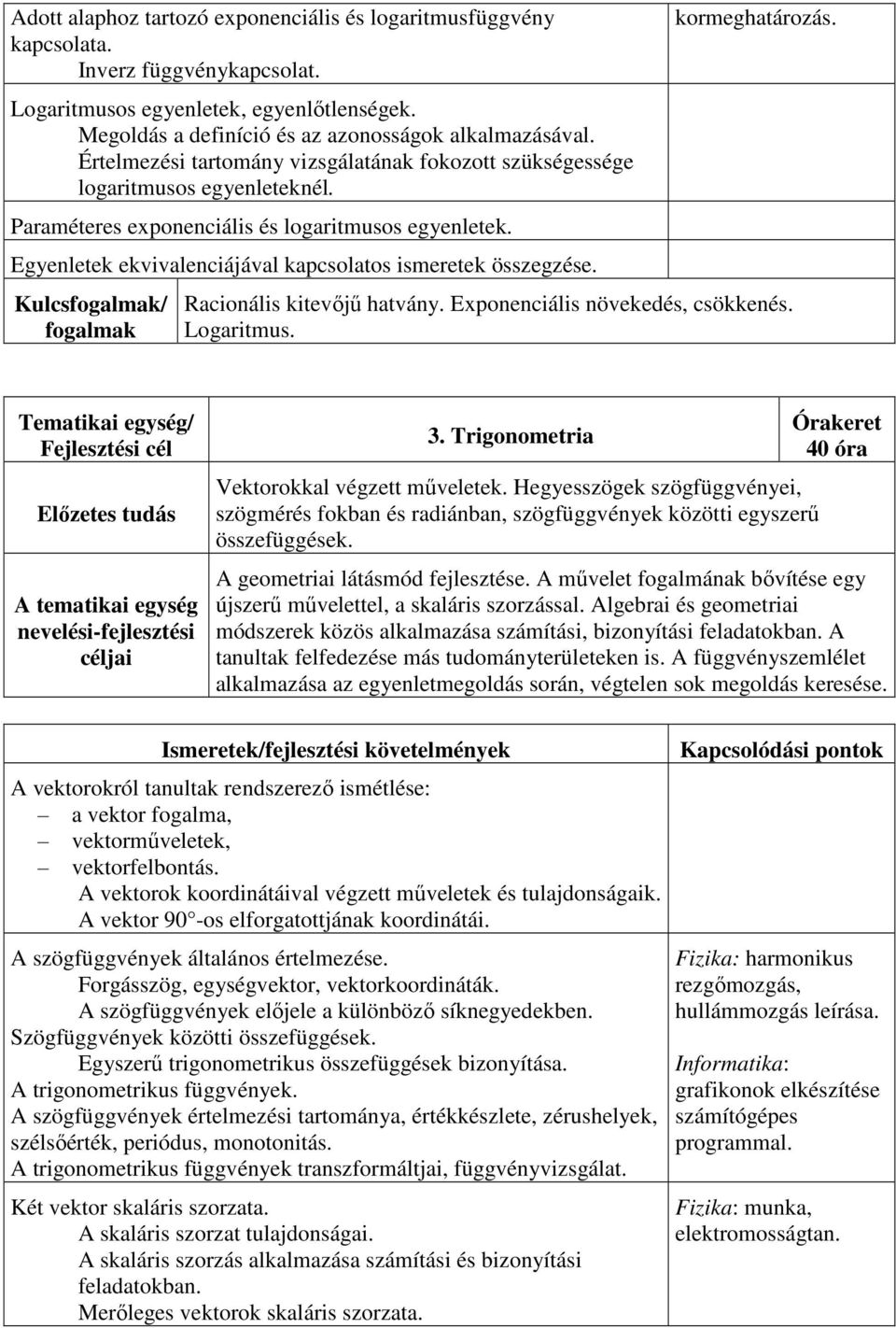 Egyenletek ekvivalenciájával kapcsolatos ismeretek összegzése. Kulcs/ kormeghatározás. Racionális kitevőjű hatvány. Exponenciális növekedés, csökkenés. Logaritmus. 3.