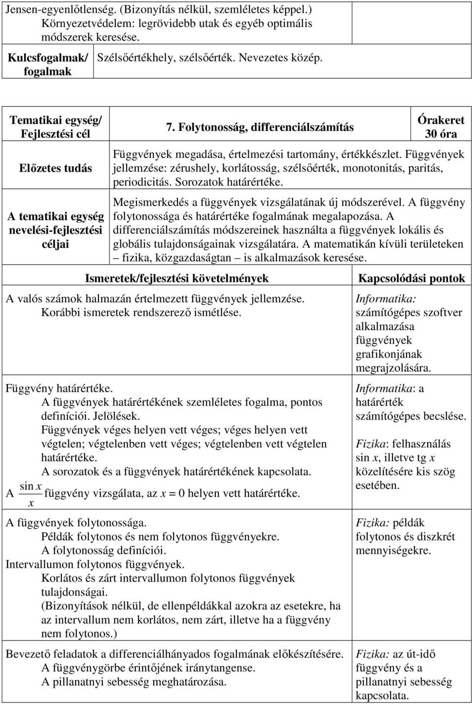 Sorozatok határértéke. Megismerkedés a függvények vizsgálatának új módszerével. A függvény folytonossága és határértéke fogalmának megalapozása.