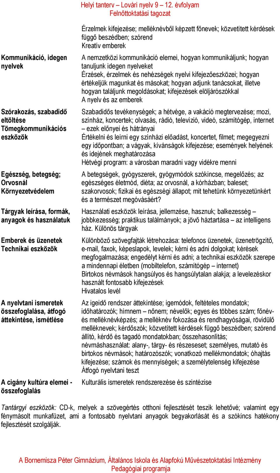 kérdések függő beszédben; szórend Kreatív emberek A nemzetközi kommunikáció elemei, hogyan kommunikáljunk; hogyan tanuljunk idegen nyelveket Érzések, érzelmek és nehézségek nyelvi kifejezőeszközei;