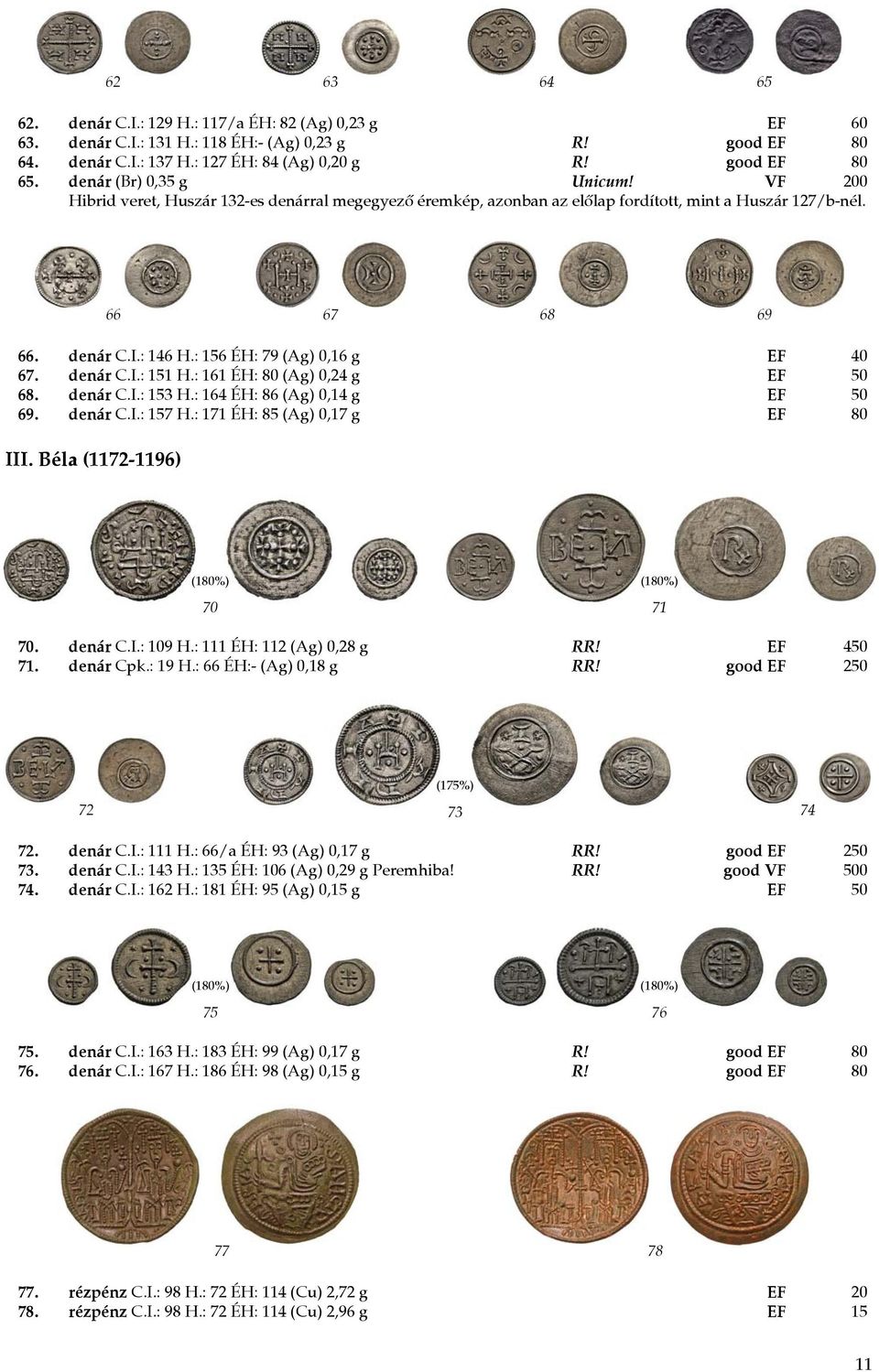 : 156 ÉH: 79 (Ag) 0,16 g EF 40 67. denár C.I.: 151 H.: 161 ÉH: 80 (Ag) 0,24 g EF 50 68. denár C.I.: 153 H.: 164 ÉH: 86 (Ag) 0,14 g EF 50 69. denár C.I.: 157 H.: 171 ÉH: 85 (Ag) 0,17 g EF 80 III.