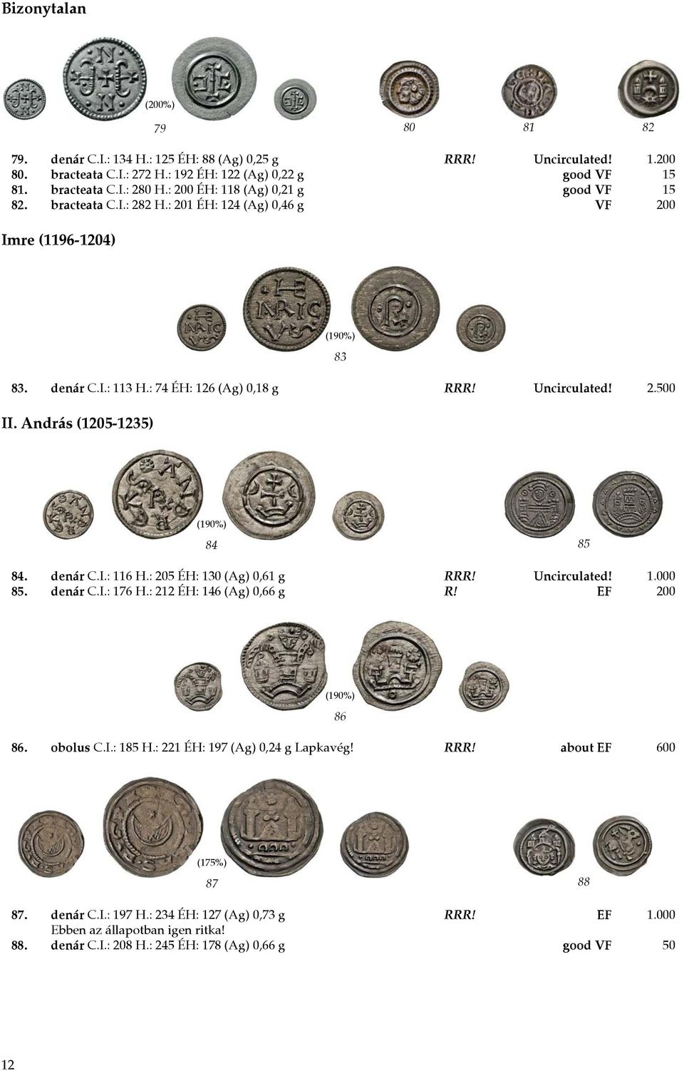 András (1205-1235) (190%) 84 85 84. denár C.I.: 116 H.: 205 ÉH: 130 (Ag) 0,61 g RRR! Uncirculated! 1.000 85. denár C.I.: 176 H.: 212 ÉH: 146 (Ag) 0,66 g R! EF 200 (190%) 86 86. obolus C.I.: 185 H.