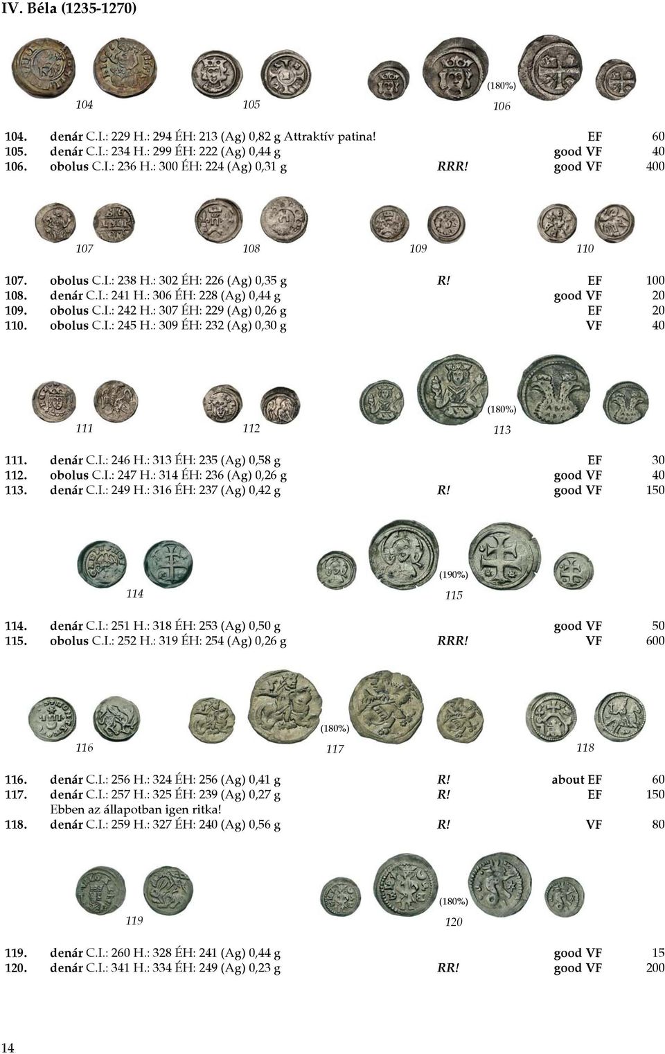 : 307 ÉH: 229 (Ag) 0,26 g EF 20 110. obolus C.I.: 245 H.: 309 ÉH: 232 (Ag) 0,30 g VF 40 111 112 (180%) 113 111. denár C.I.: 246 H.: 313 ÉH: 235 (Ag) 0,58 g EF 30 112. obolus C.I.: 247 H.