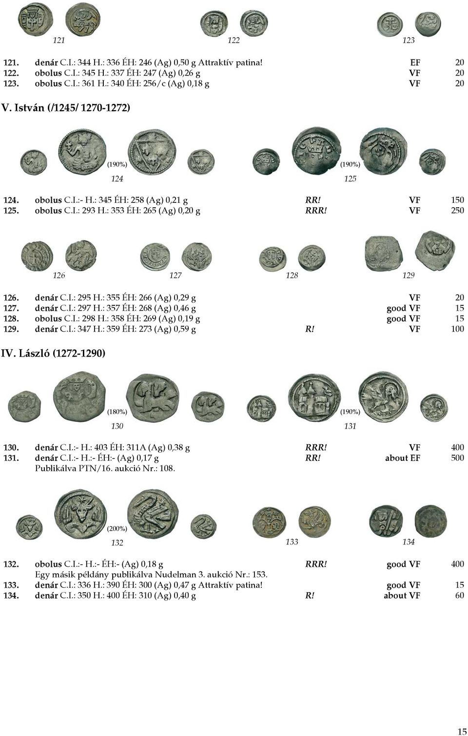 VF 250 126 127 128 129 126. denár C.I.: 295 H.: 355 ÉH: 266 (Ag) 0,29 g VF 20 127. denár C.I.: 297 H.: 357 ÉH: 268 (Ag) 0,46 g good VF 15 128. obolus C.I.: 298 H.
