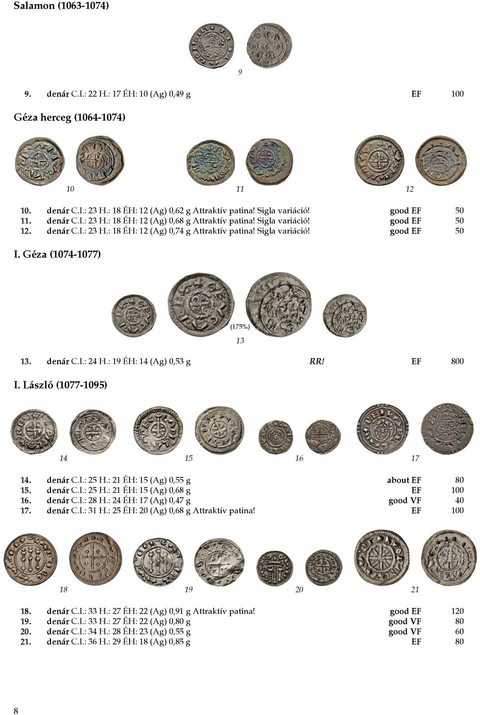 Géza (1074-1077) (175%) 13 13. denár C.I.: 24 H.: 19 ÉH: 14 (Ag) 0,53 g RR! EF 800 I. László (1077-1095) 14 15 16 17 14. denár C.I.: 25 H.: 21 ÉH: 15 (Ag) 0,55 g about EF 80 15. denár C.I.: 25 H.: 21 ÉH: 15 (Ag) 0,68 g EF 100 16.