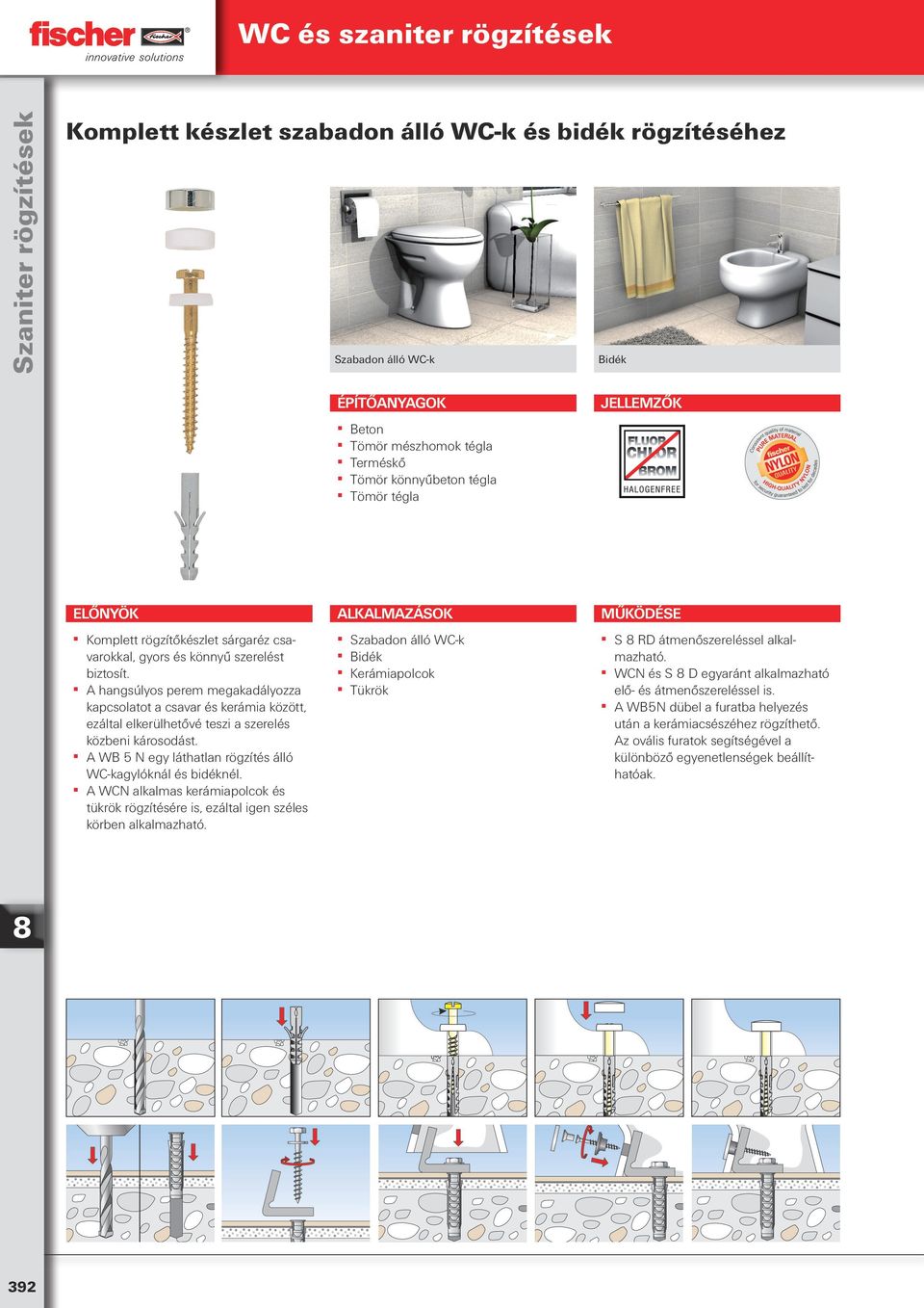 A hangsúlyos perem megakadályozza kapcsolatot a csavar és kerámia között, ezáltal elkerülhetővé teszi a szerelés közbeni károsodást. A WB 5 N egy láthatlan rögzítés álló WC-kagylóknál és bidéknél.