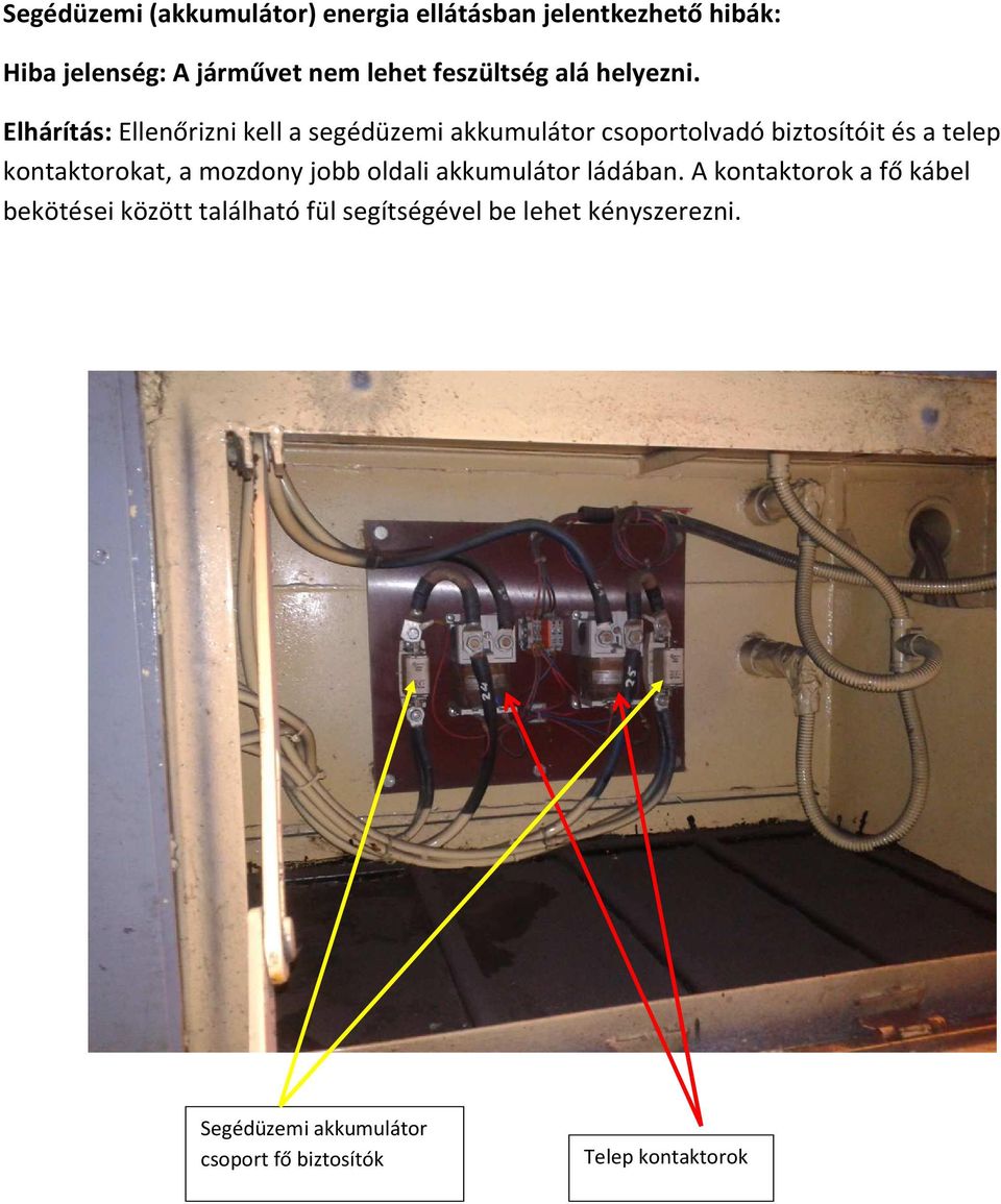Elhárítás: Ellenőrizni kell a segédüzemi akkumulátor csoportolvadó biztosítóit és a telep kontaktorokat, a