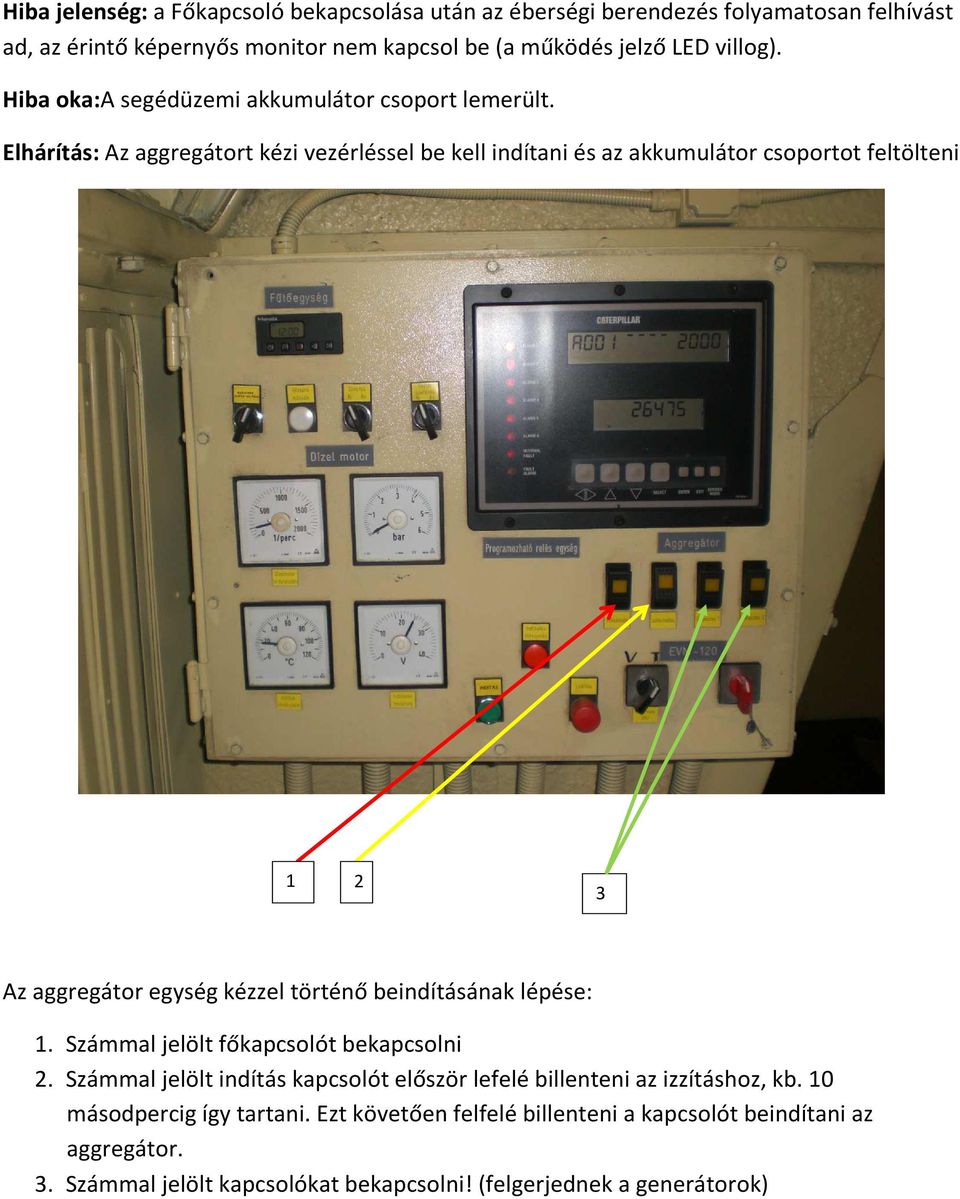 2 3 Az aggregátor egység kézzel történő beindításának lépése: 1. Számmal jelölt főkapcsolót bekapcsolni 2.