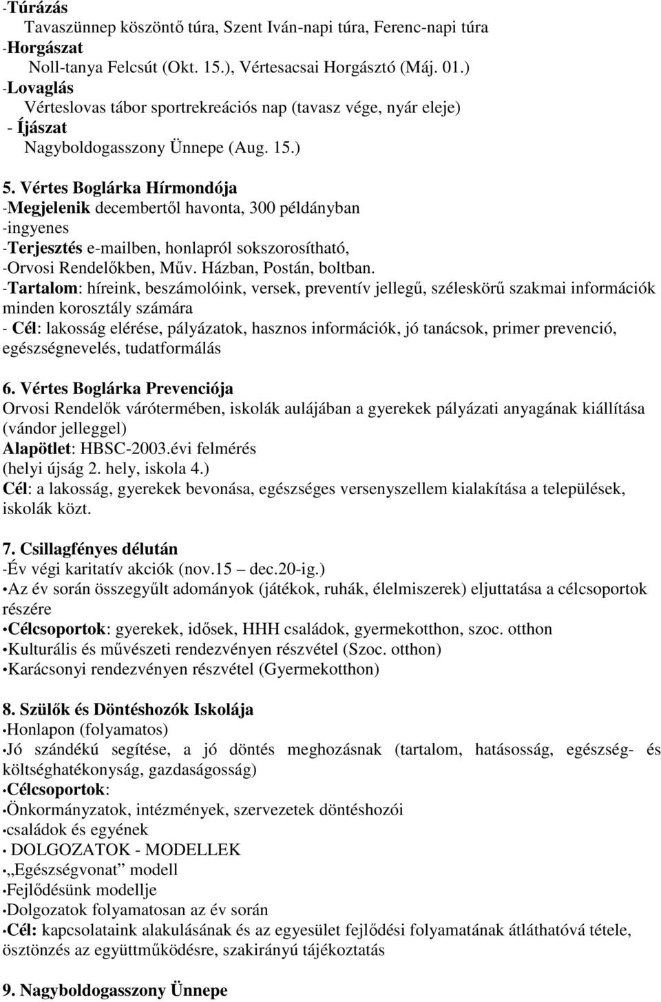 Vértes Boglárka Hírmondója -Megjelenik decembertől havonta, 300 példányban -ingyenes -Terjesztés e-mailben, honlapról sokszorosítható, -Orvosi Rendelőkben, Műv. Házban, Postán, boltban.