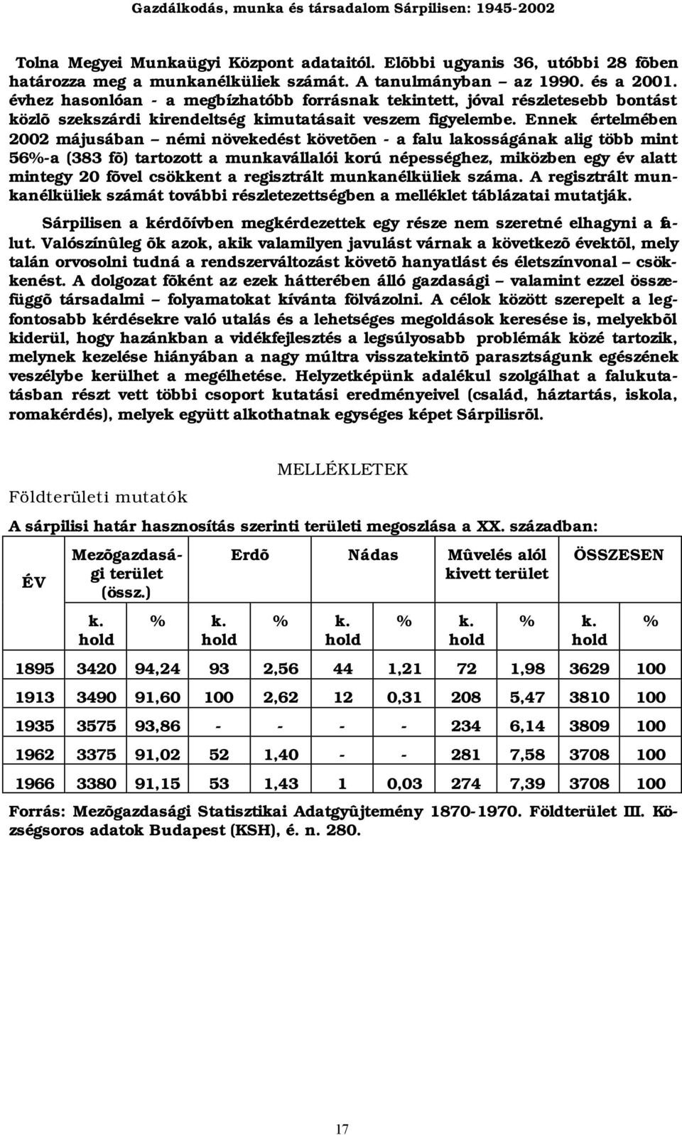 Ennek értelmében 2002 májusában némi növekedést követõen - a falu lakosságának alig több mint 56%-a (383 fõ) tartozott a munkavállalói korú népességhez, miközben egy év alatt mintegy 20 fõvel