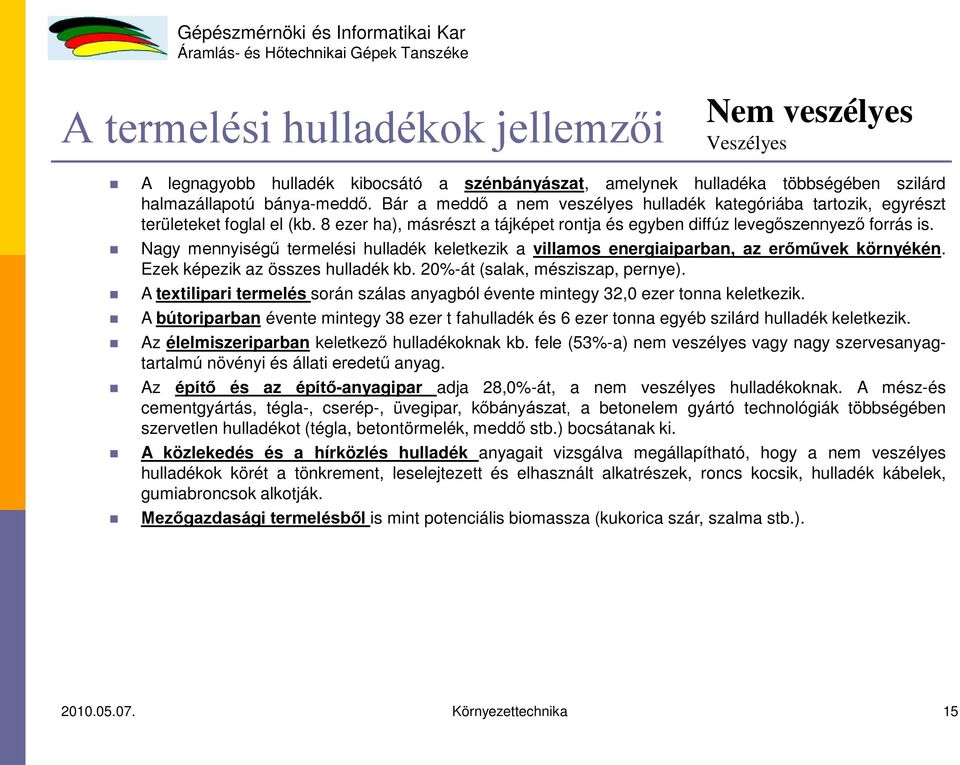 Nagy mennyiségű termelési hulladék keletkezik a villamos energiaiparban, az erőművek környékén. Ezek képezik az összes hulladék kb. 20%-át (salak, mésziszap, pernye).