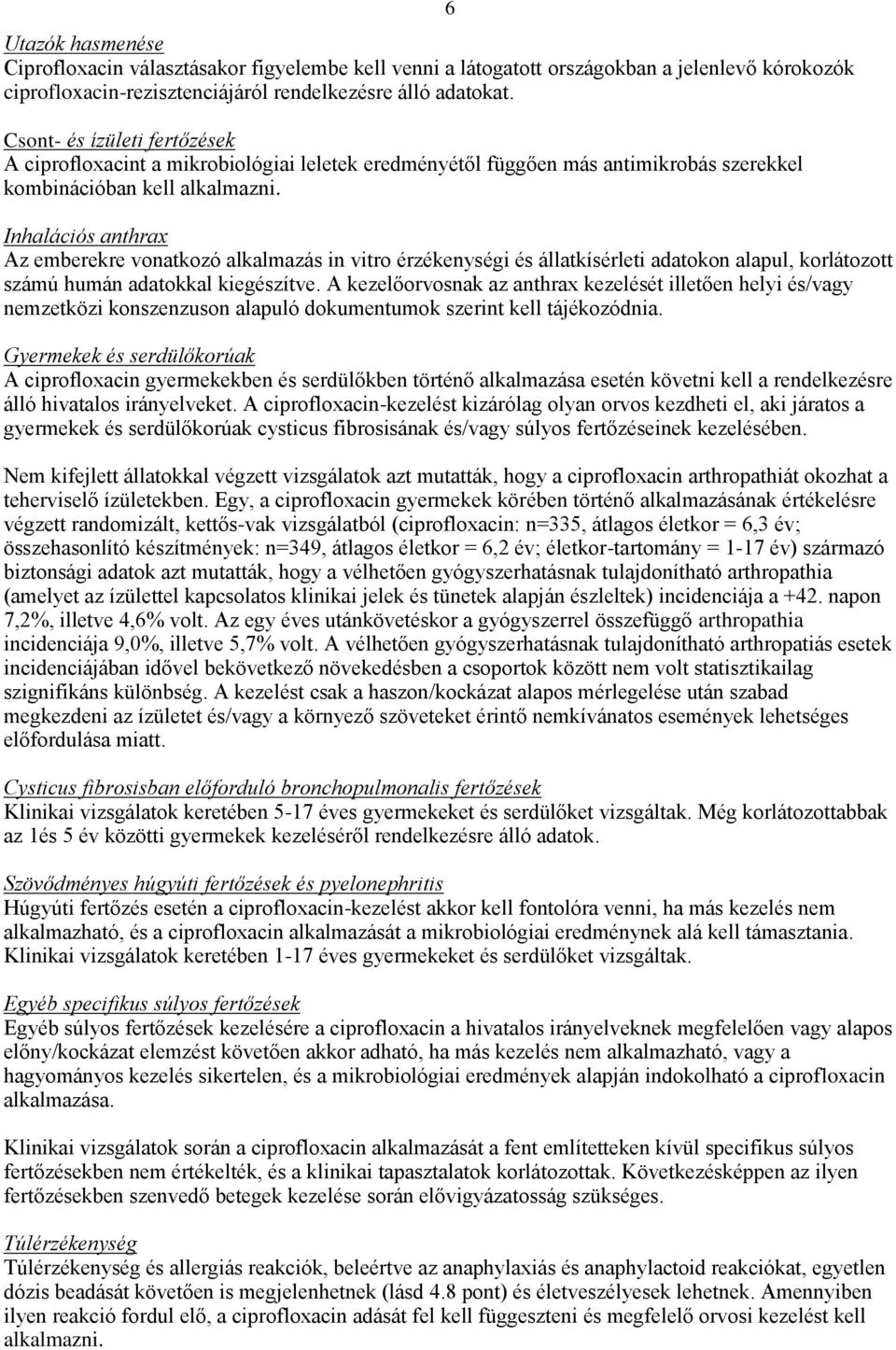 6 Inhalációs anthrax Az emberekre vonatkozó alkalmazás in vitro érzékenységi és állatkísérleti adatokon alapul, korlátozott számú humán adatokkal kiegészítve.