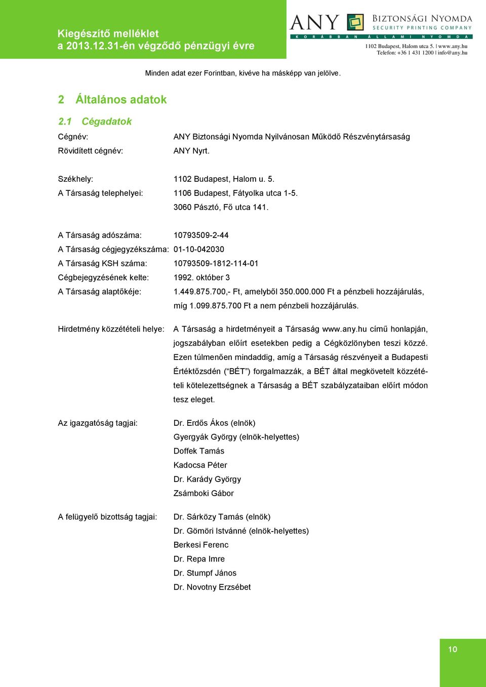 A Társaság adószáma: 10793509-2-44 A Társaság cégjegyzékszáma: 01-10-042030 A Társaság KSH száma: 10793509-1812-114-01 Cégbejegyzésének kelte: 1992. október 3 A Társaság alaptőkéje: 1.449.875.