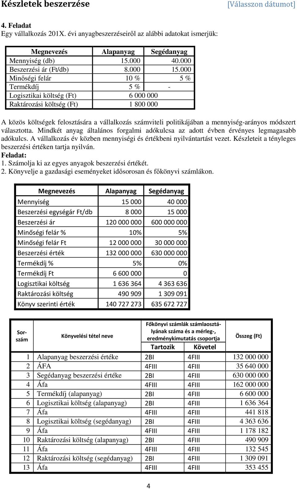 mennyiség-arányos módszert választotta. Mindkét anyag általános forgalmi adókulcsa az adott évben érvényes legmagasabb adókulcs. A vállalkozás év közben mennyiségi és értékbeni nyilvántartást vezet.