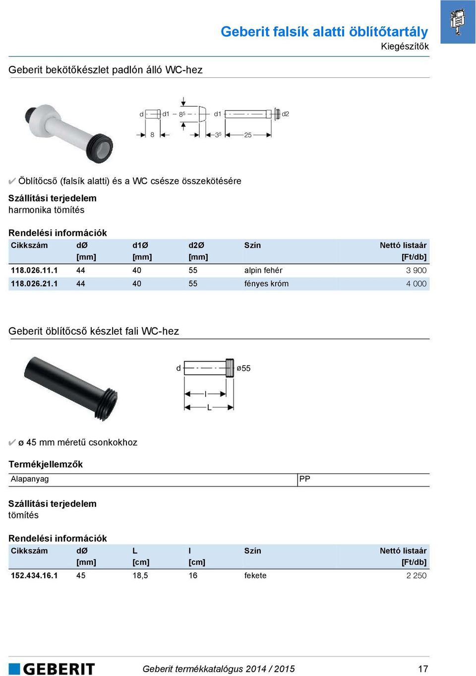 1 44 4 55 fényes króm 4 Geberit öblítőcső készlet fali WC-hez d 55 l L ø 45 mm méretű csonkokhoz Termékjellemzők