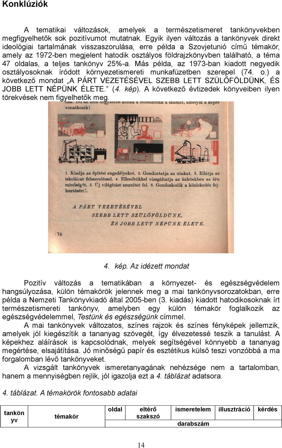 téma 47 oldalas, a teljes tankönyv 25%-a. Más példa, az 1973-ban kiadott negyedik osztályosoknak íródott környezetismereti munkafüzetben szerepel (74. o.) a következő mondat A PÁRT VEZETÉSÉVEL SZEBB LETT SZÜLŐFÖLDÜNK, ÉS JOBB LETT NÉPÜNK ÉLETE.