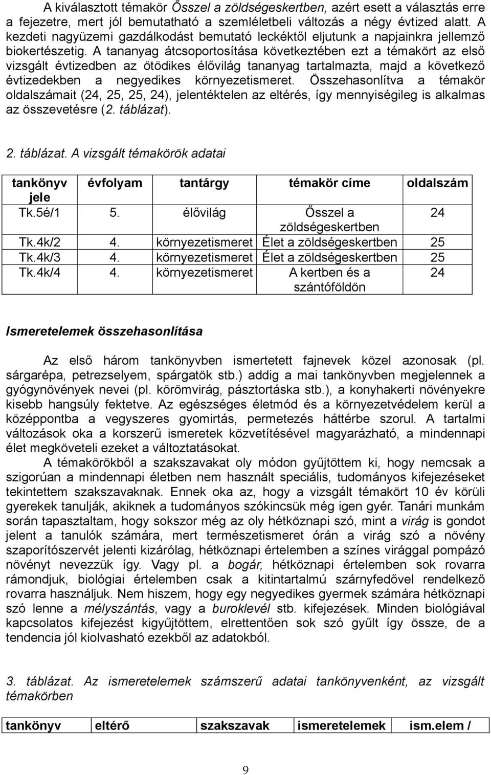 A tananyag átcsoportosítása következtében ezt a témakört az első vizsgált évtizedben az ötödikes élővilág tananyag tartalmazta, majd a következő évtizedekben a negyedikes környezetismeret.