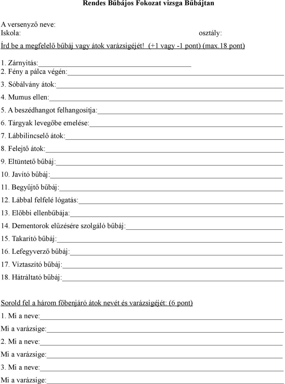 Javító bűbáj: 11. Begyűjtő bűbáj: 12. Lábbal felfelé lógatás: 13. Előbbi ellenbűbája: 14. Dementorok elűzésére szolgáló bűbáj: 15. Takarító bűbáj: 16. Lefegyverző bűbáj: 17.