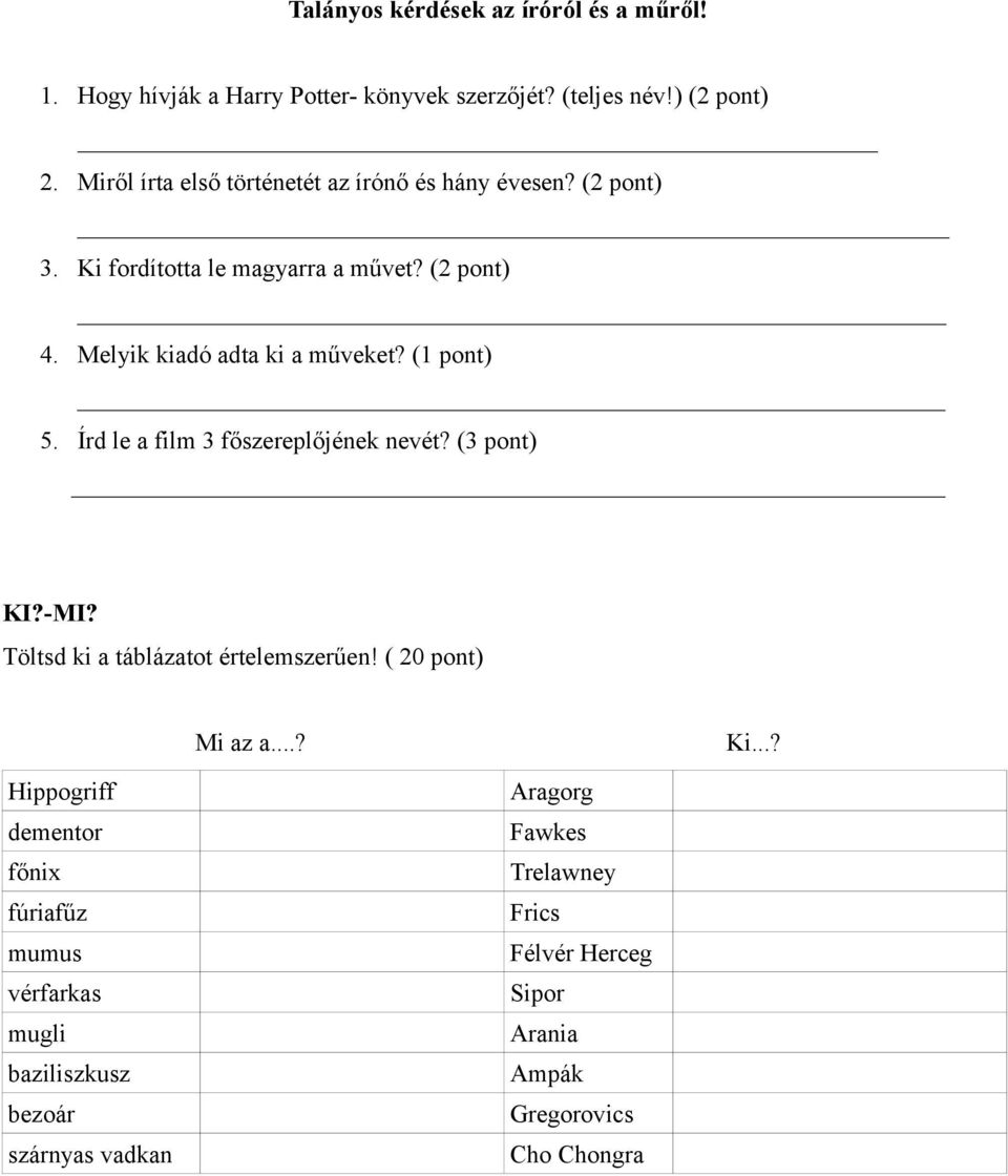 (1 pont) 5. Írd le a film 3 főszereplőjének nevét? (3 pont) KI?-MI? Töltsd ki a táblázatot értelemszerűen! ( 20 pont) Mi az a...? Ki.