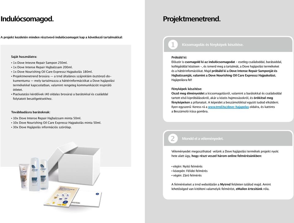 Projektmenetrend brosúra a trnd általános szájreklám ösztönző dokumentuma mely tartalmazza a háttérinformációkat a Dove hajápolási termékekkel kapcsolatban, valamint rengeteg kommunikációt inspiráló