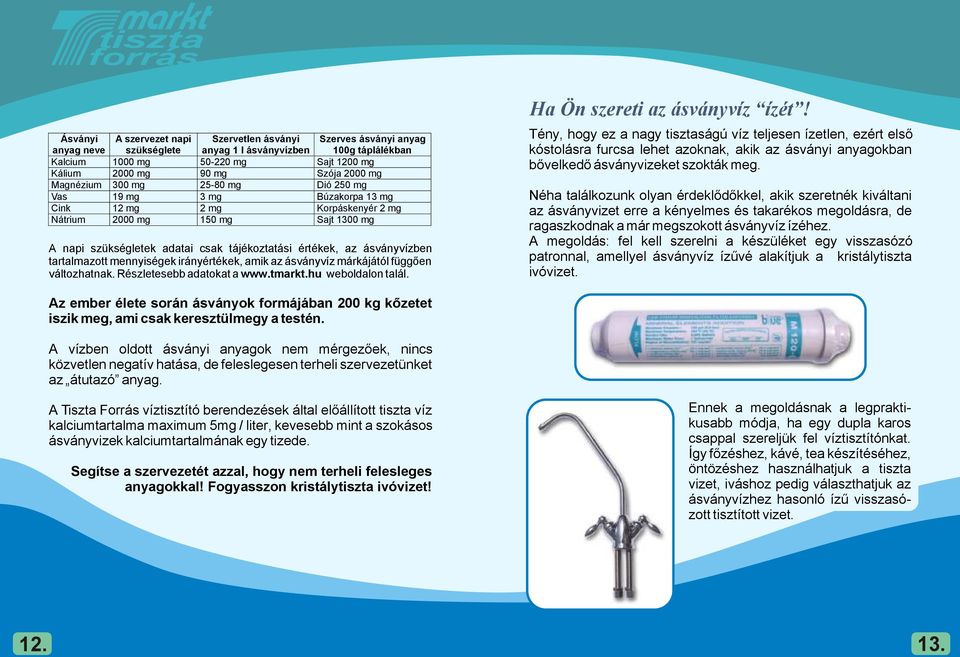 ásványvízben tartalmazott mennyiségek irányértékek, amik az ásványvíz márkájától függően változhatnak. Részletesebb adatokat a www.tmarkt.hu weboldalon talál. Ha Ön szereti az ásványvíz ízét!