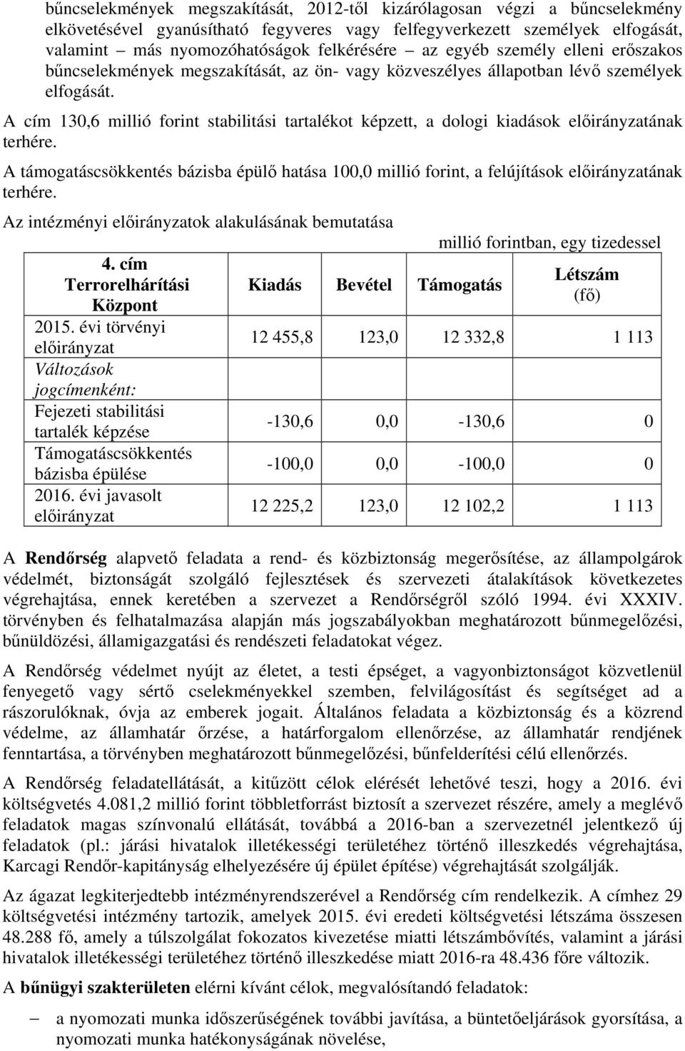 A cím 130,6 millió forint stabilitási tartalékot képzett, a dologi kiadások előirányzatának terhére.