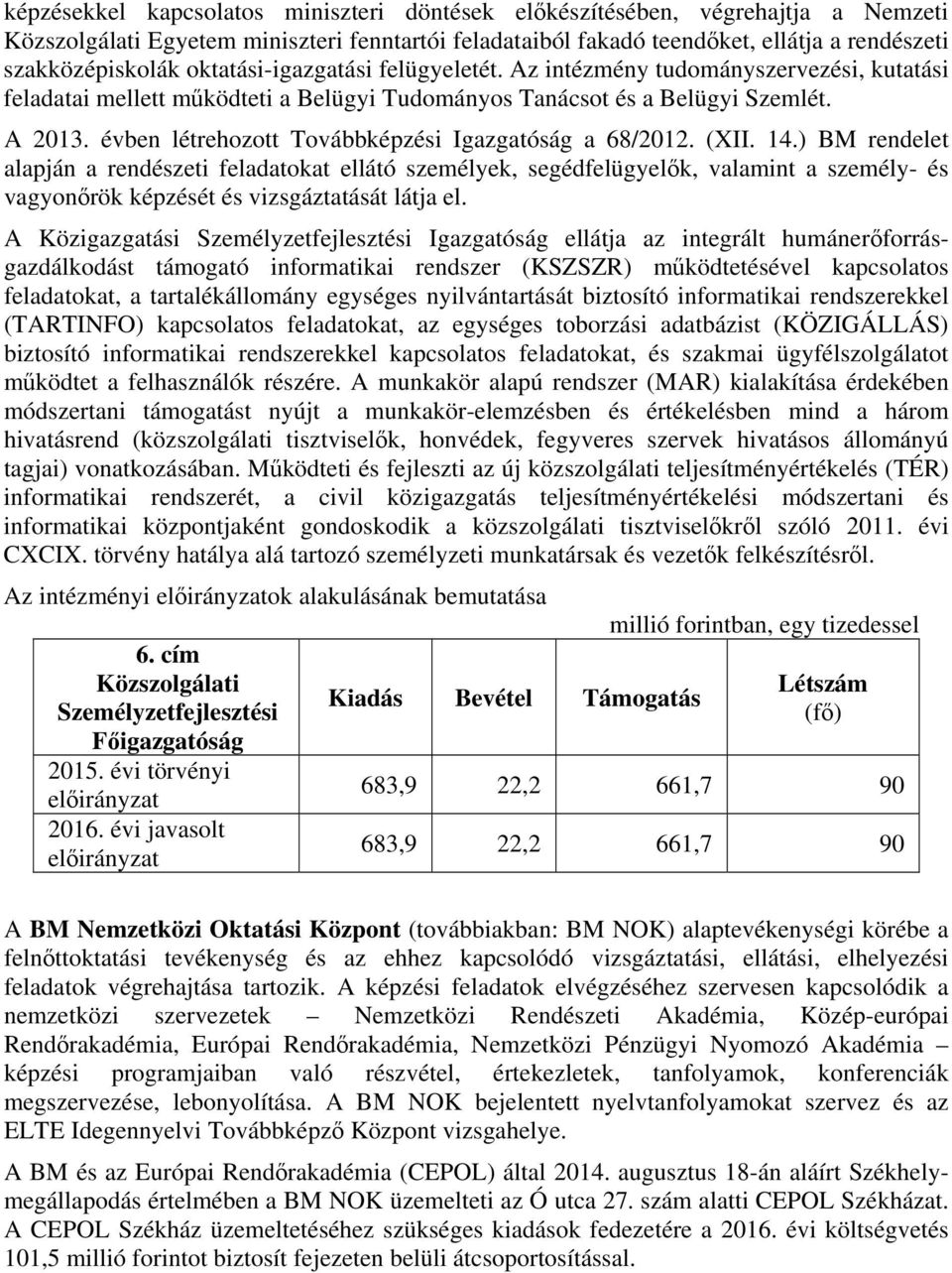 évben létrehozott Továbbképzési Igazgatóság a 68/2012. (XII. 14.