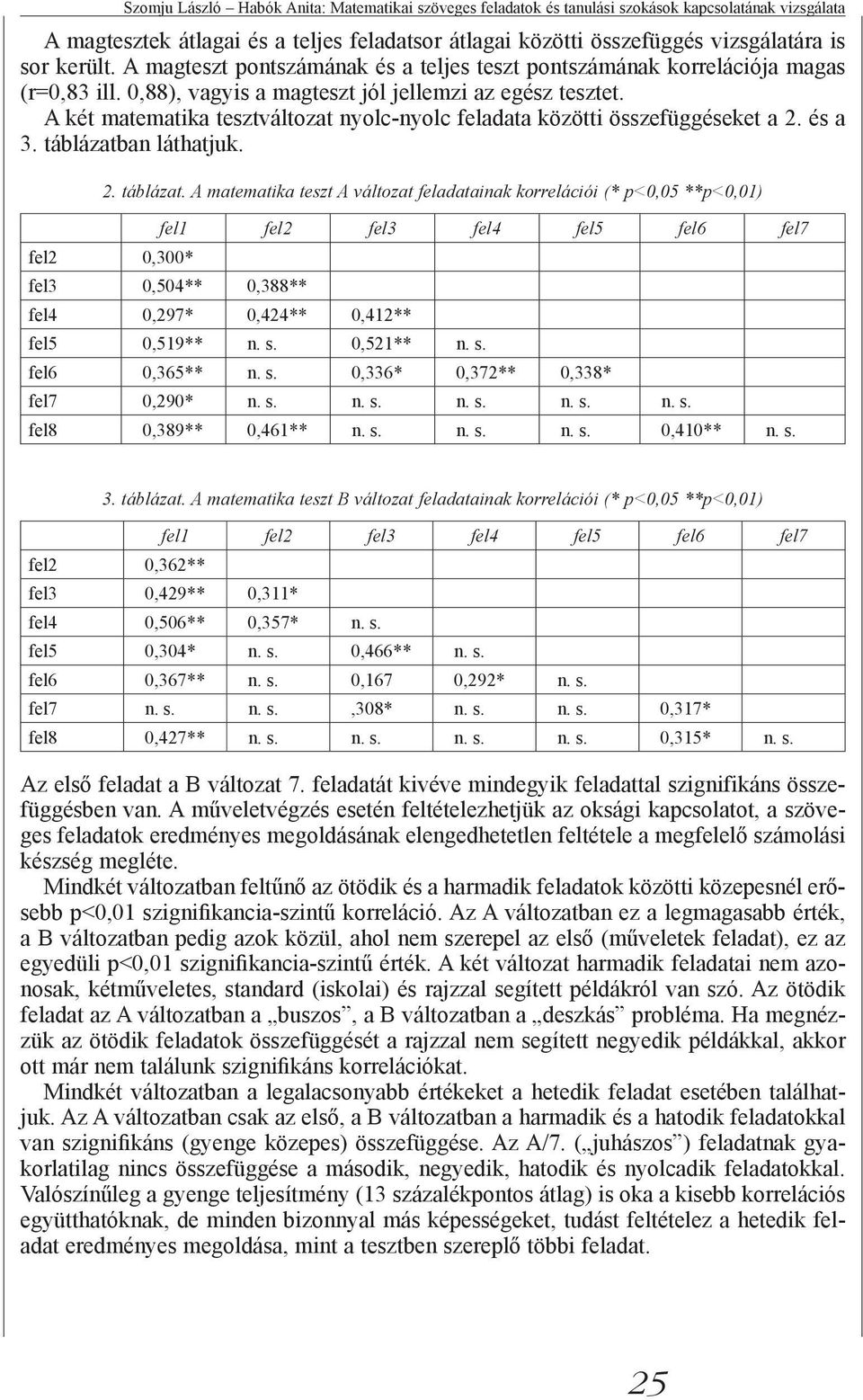 A két matematika tesztváltozat nyolc-nyolc feladata közötti összefüggéseket a 2. és a 3. táblázatb