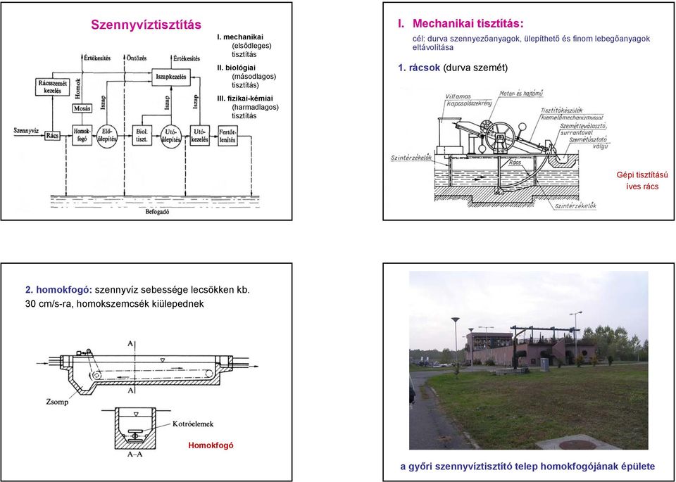 Mechanikai tisztítás: cél: durva szennyezőanyagok, ülepíthető és finom lebegőanyagok eltávolítása 1.