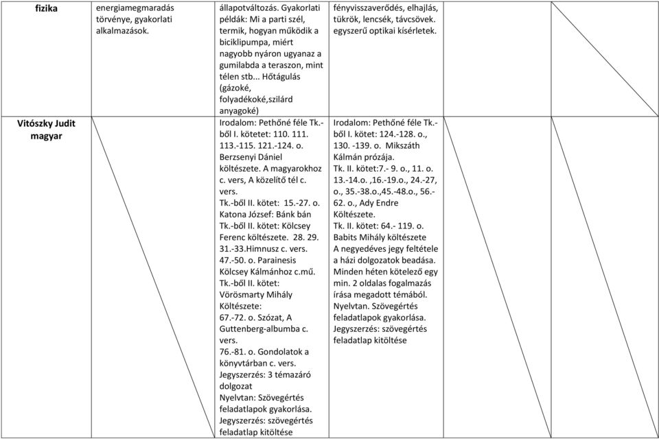 .. Hőtágulás (gázoké, folyadékoké,szilárd anyagoké) Irodalom: Pethőné féle Tk.- ből I. kötetet: 110. 111. 113.-115. 121.-124. o. Berzsenyi Dániel költészete. A magyarokhoz c. vers, A közelítő tél c.