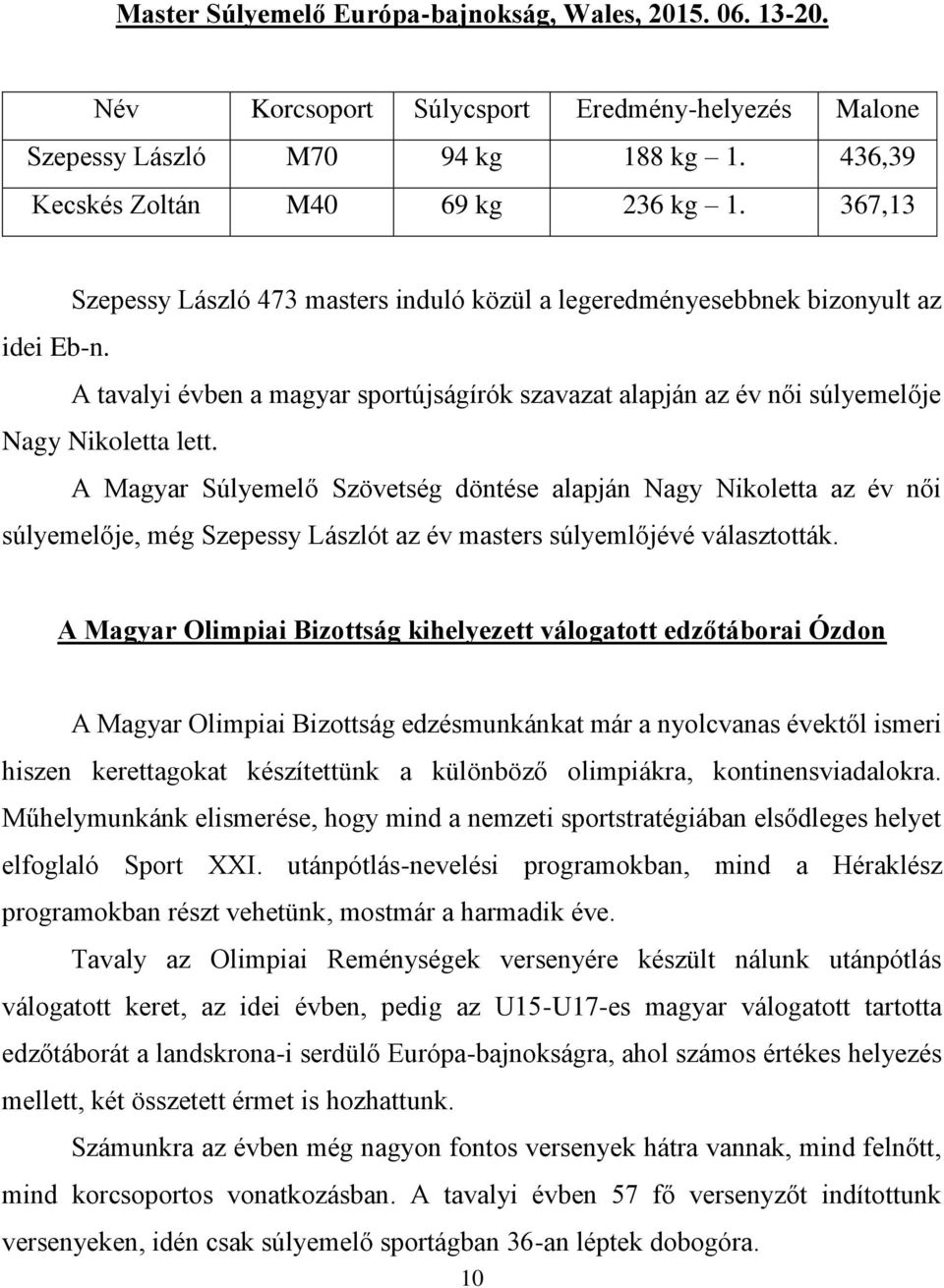 A Magyar Súlyemelő Szövetség döntése alapján Nagy Nikoletta az év női súlyemelője, még Szepessy Lászlót az év masters súlyemlőjévé választották.