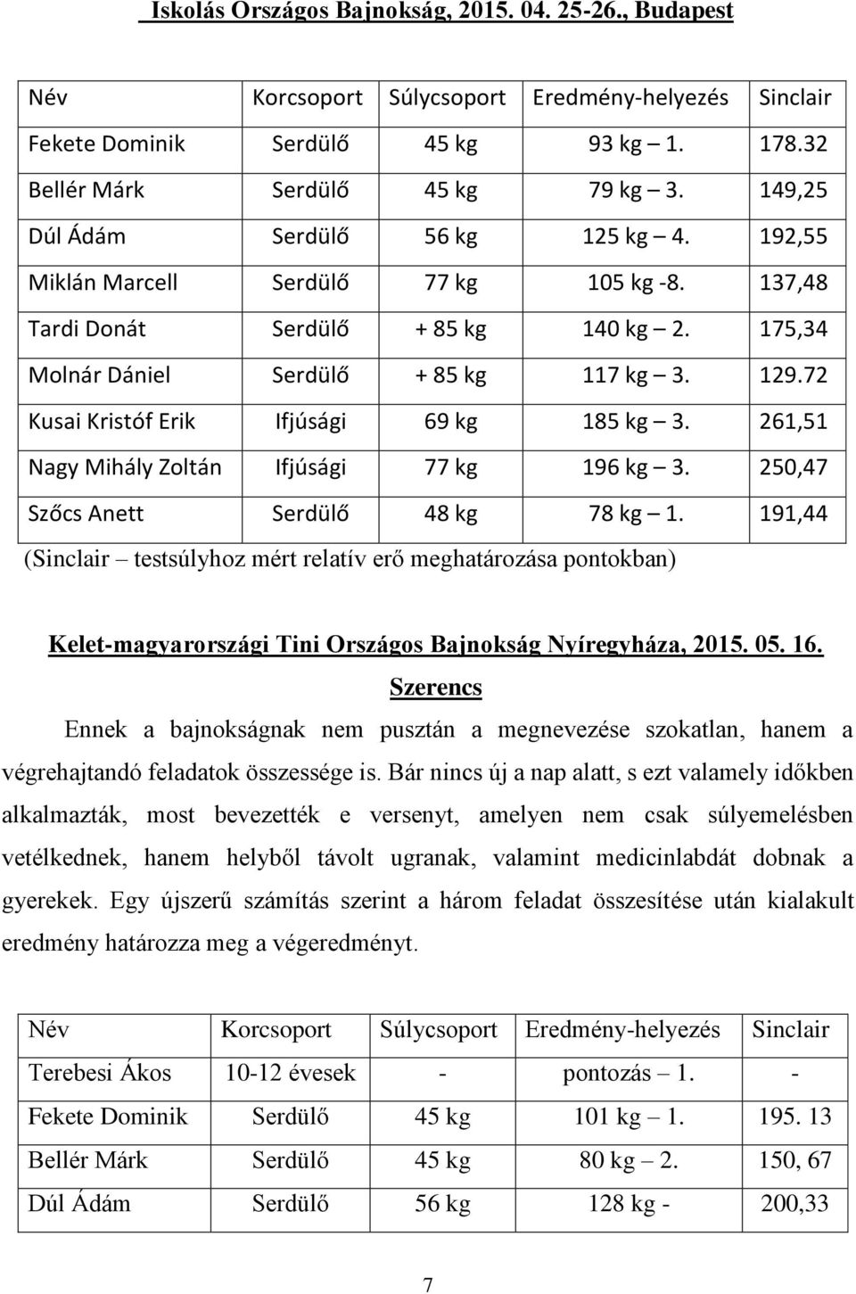 72 Kusai Kristóf Erik Ifjúsági 69 kg 185 kg 3. 261,51 Nagy Mihály Zoltán Ifjúsági 77 kg 196 kg 3. 250,47 Szőcs Anett Serdülő 48 kg 78 kg 1.