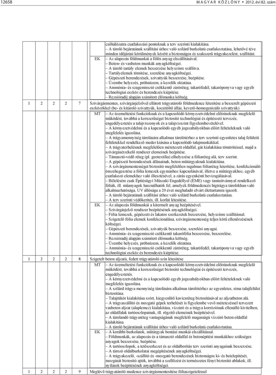 Az alapozás földmunkái a fölös anyag elszállításával. Beton- és vasbeton munkák anyagköltségei. A tároló tartály elemek beszerzése helyszínre szállítva.